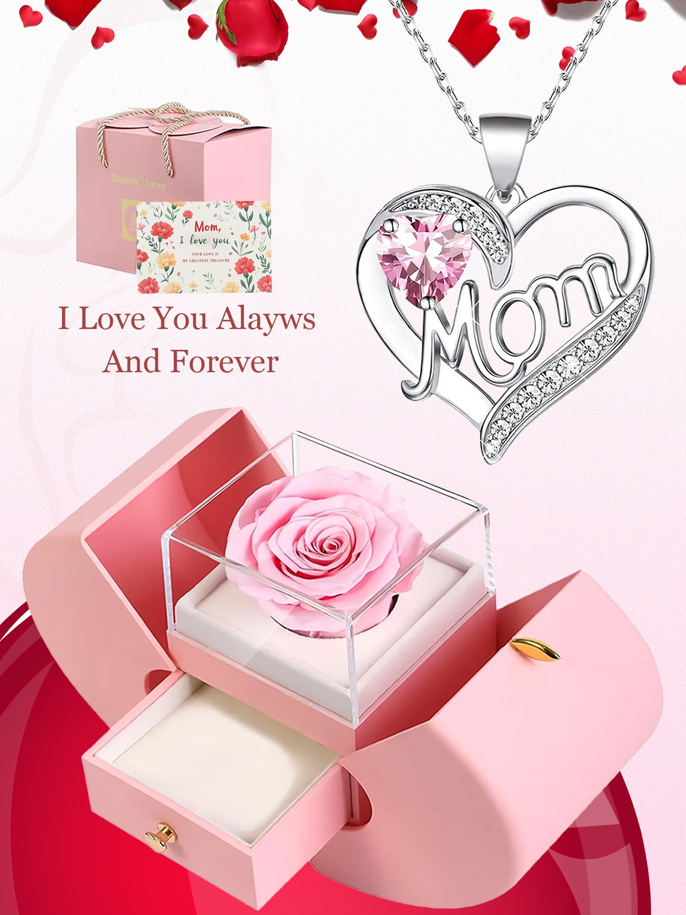 Fashionable design double heart love pendant necklace with apple rose gift box, women's mother necklace, women's rose gift box necklace, Mother's Day gift, holiday gift for mother and grandmother, gift for wife, Mother's Day gift for mother, jewelry birth