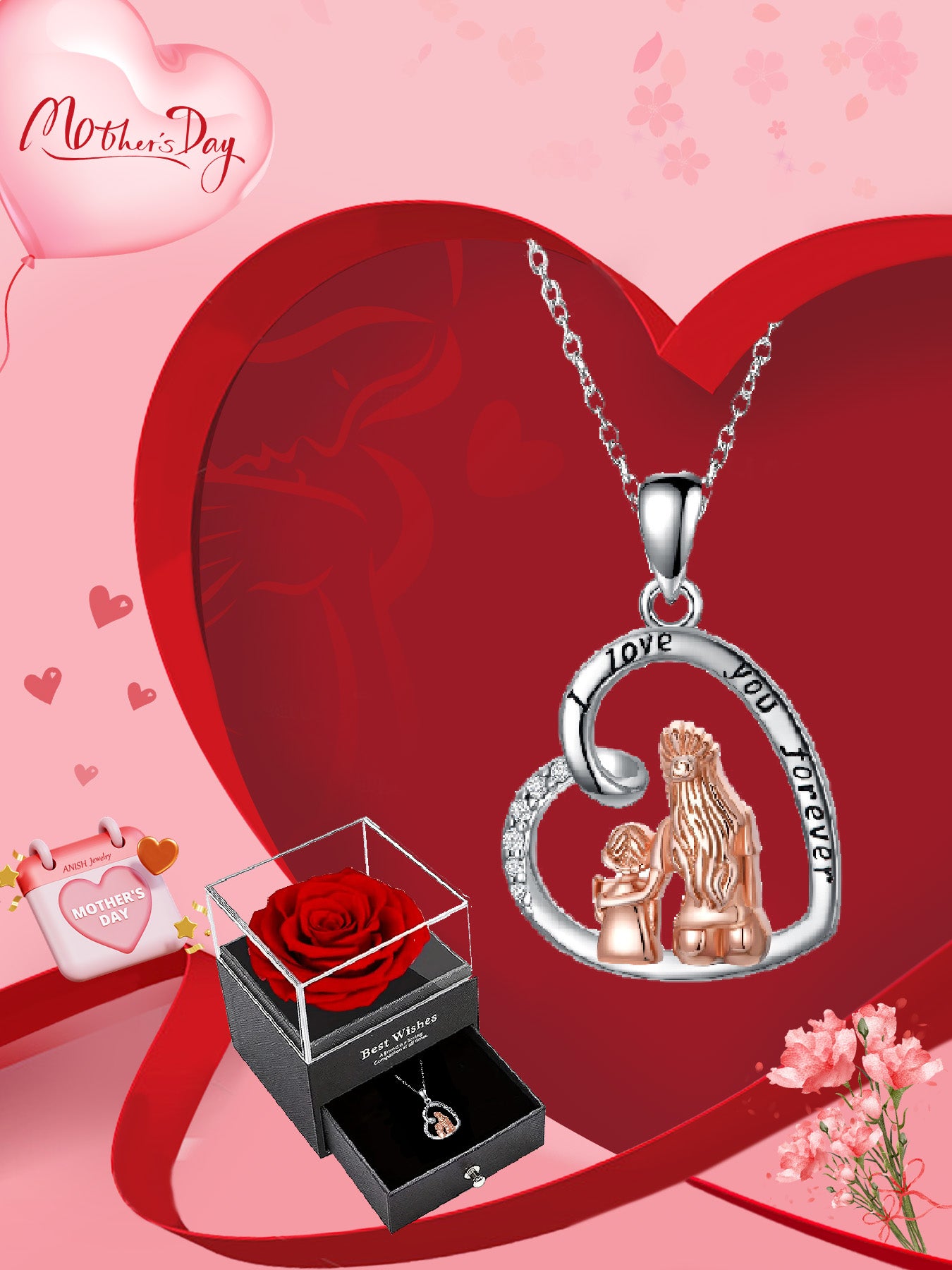 Beautiful design heart necklace with rose gift box, women's charm necklace, women's necklace for mother's day, anniversary gift for mom grandma, mother's day gift, party fashion jewelry, women's necklace for mom, anniversary gift, women's mom necklace, wo
