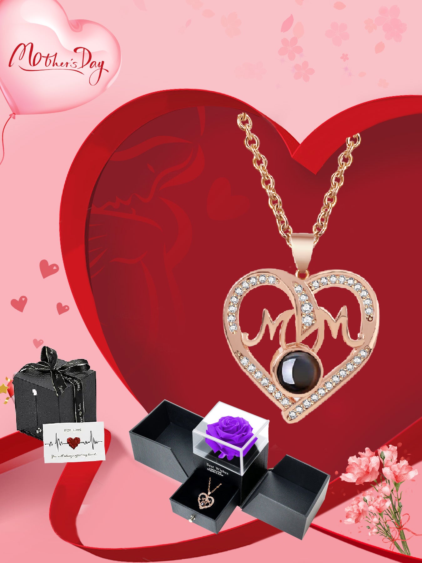 Simple love mom projection necklace with double door rose gift box, anniversary gift for mom and grandma, Mother's Day gift, daily holiday gift, gift for mom and wife, Valentine's Day, Christmas, Thanksgiving, anniversary gift, women's necklace, women's j