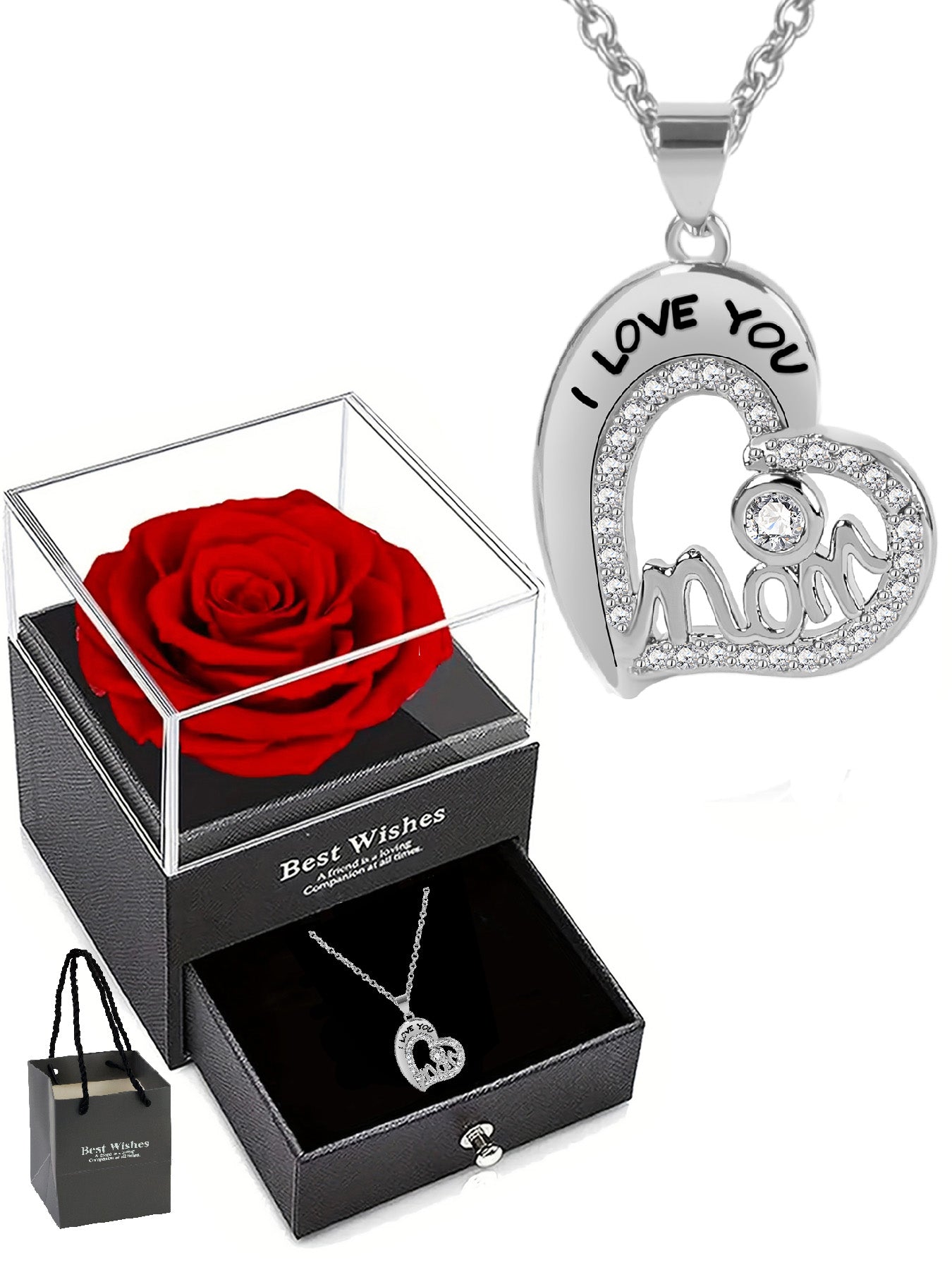 Unique love pendant necklace design with romantic rose gift box, mother's holiday gift, mother women's necklace, women's holiday gift, party fashion jewelry, Valentine's Day Thanksgiving anniversary gift, women's jewelry gift, gift for girlfriend mother w
