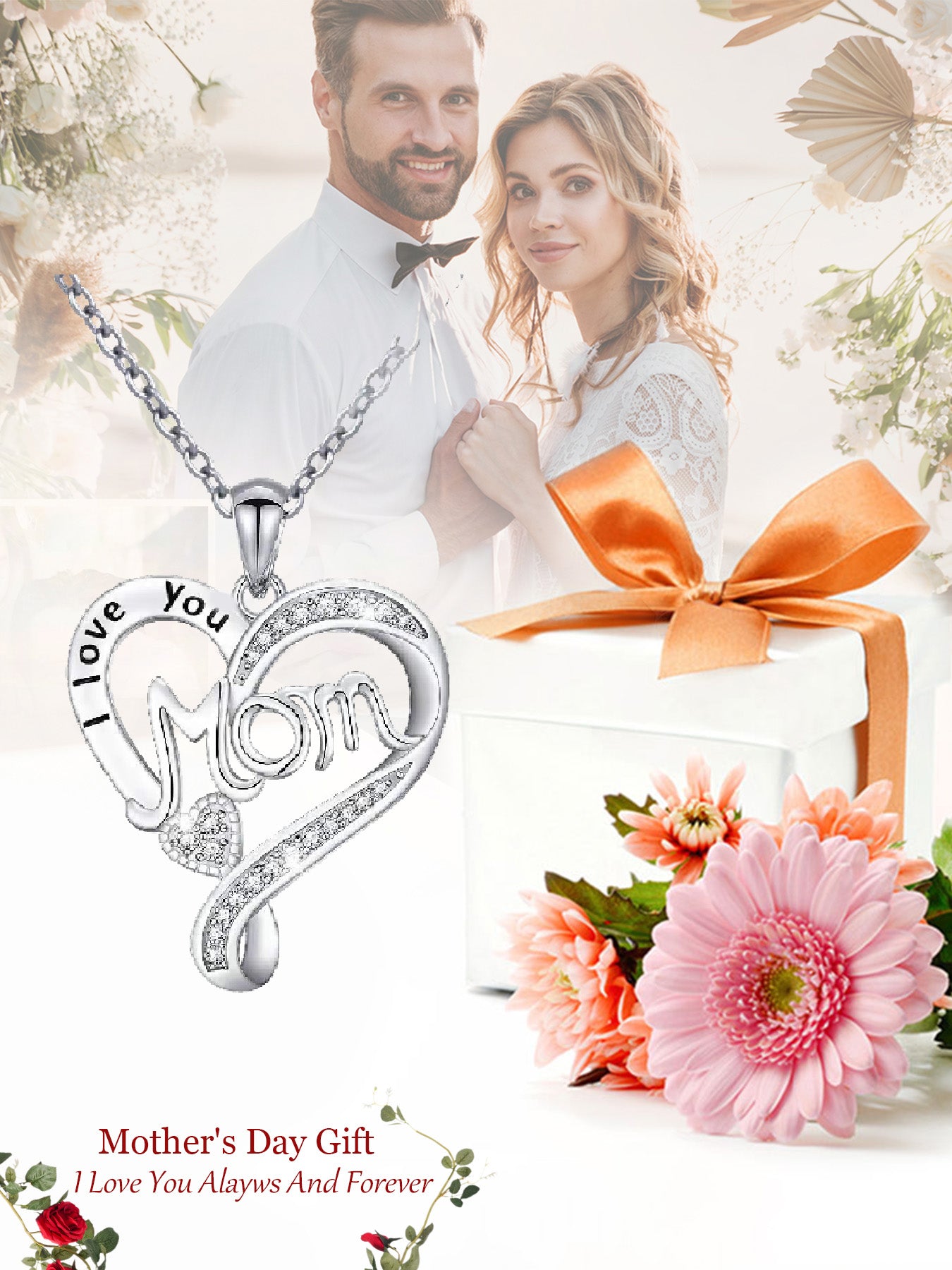 Mom style double heart necklace with eternal rose gift box, women's pendant necklace, women's jewelry gifts, mother's day women's necklace, anniversary gifts for mom and grandma, mother's day gifts, party fashion jewelry, mom women's necklace, anniversary