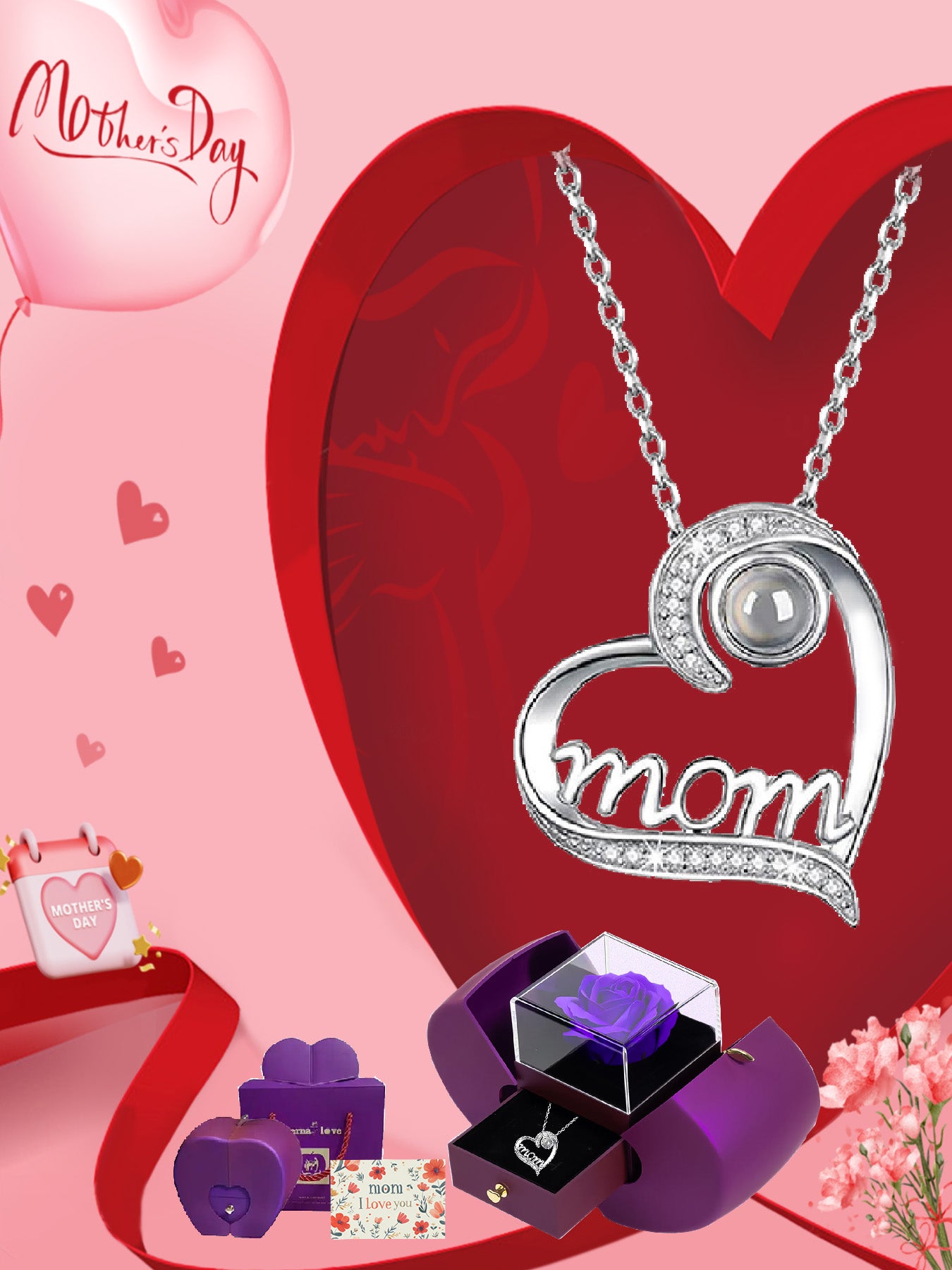 Love projection necklace in one hundred languages with apple rose gift box, women's mother necklace, Mother's Day gift, holiday gift for mother and grandmother, anniversary gift, gift for wife, Mother's Day gift for mother, birthday gift for women