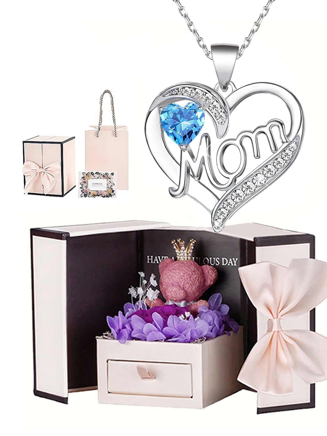 Unique double heart love pendant necklace with bear rose gift box, women's mother necklace, women's rose gift box necklace, Mother's Day gift, holiday gift for mother and grandmother, gift for wife, Mother's Day gift for mother, jewelry birthday gift for