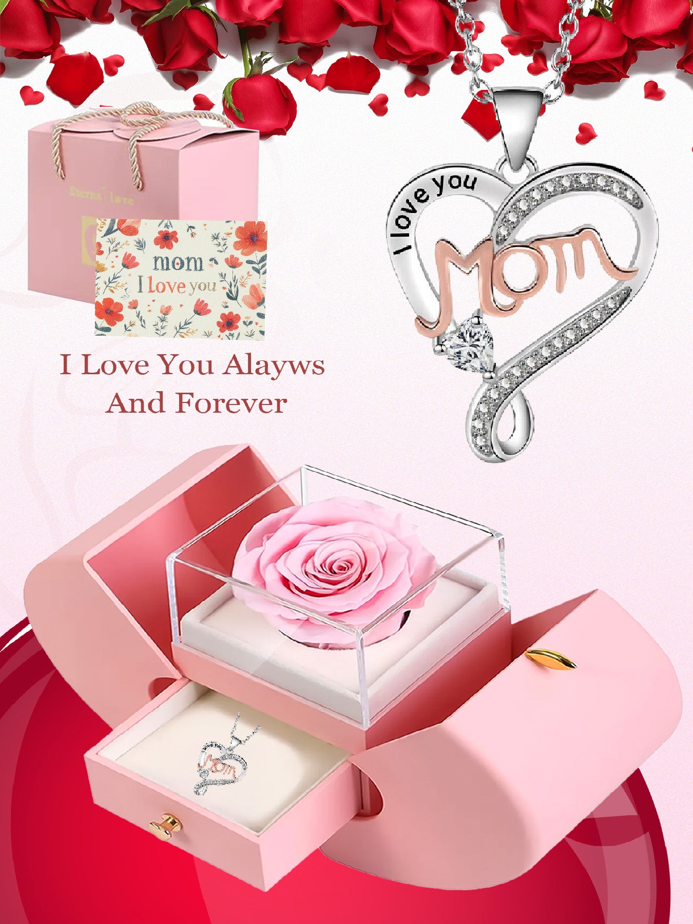 Hollow design double heart necklace mom style with romantic rose apple gift box, women's jewelry gift, mother's day women's necklace, anniversary gift for mom and grandma, mother's day gift, party fashion jewelry, mom women's necklace, anniversary gift fo