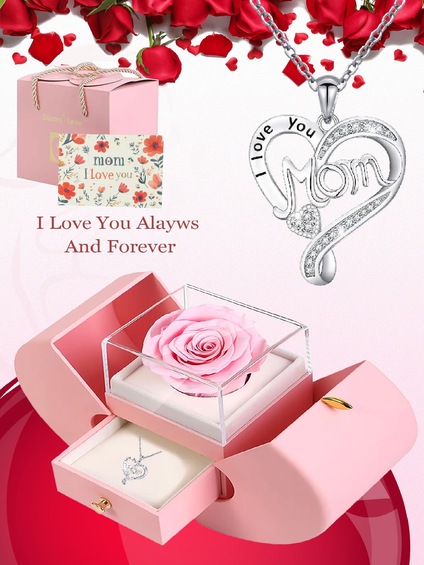 Hollow design double heart necklace mom style with romantic rose apple gift box, women's jewelry gift, mother's day women's necklace, anniversary gift for mom and grandma, mother's day gift, party fashion jewelry, mom women's necklace, anniversary gift fo
