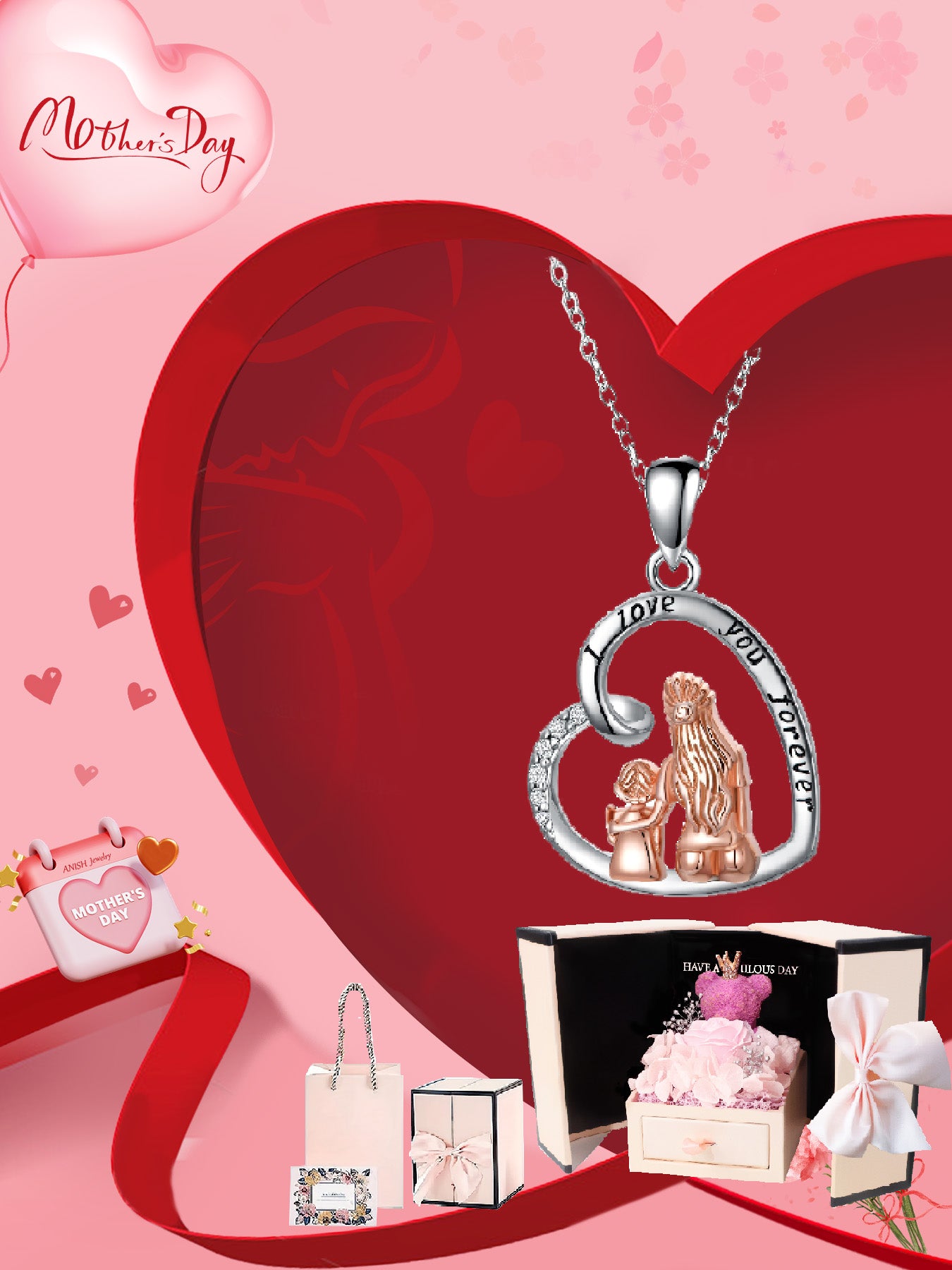 Unique design heart shaped necklace with rose bear gift box, women's pendant necklace, women's jewelry gift, women's necklace for mother's day, anniversary gift for mom grandma, mother's day gift, party fashion jewelry, mom women's necklace, anniversary g