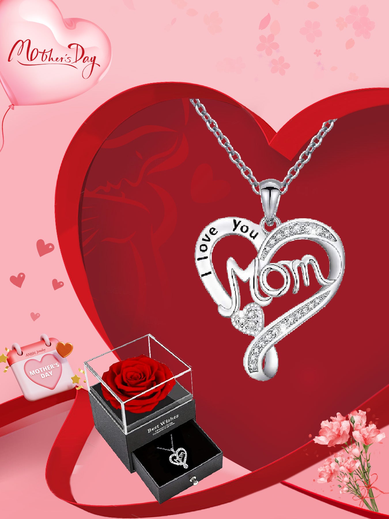 Double heart necklace mom style with eternal rose gift box, women's pendant necklace, women's jewelry gift, mother's day women's necklace, anniversary gift for mom and grandma, mother's day gift, party fashion jewelry, mom women's necklace, anniversary gi