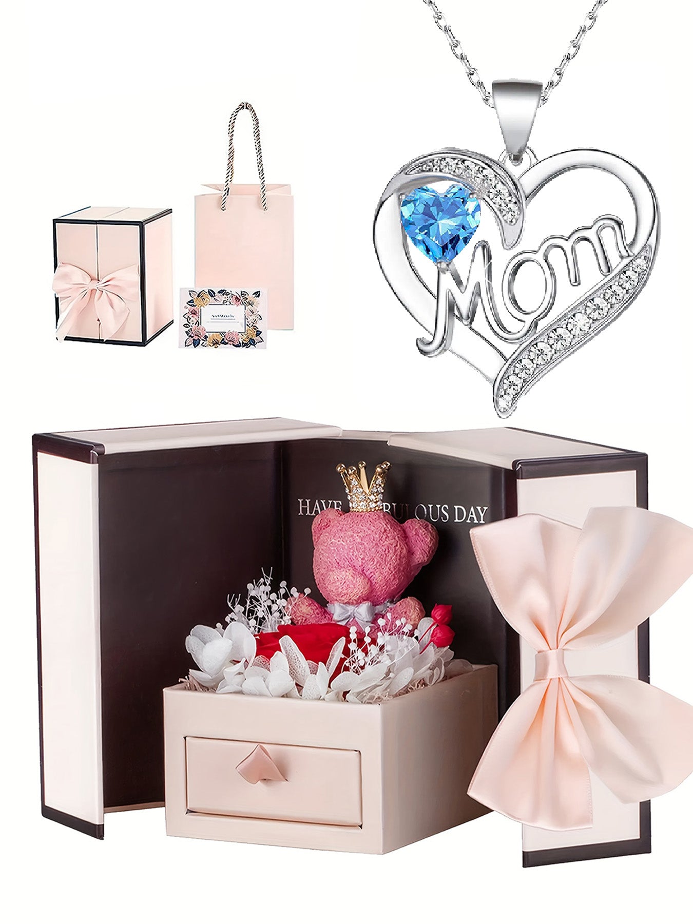 Unique double heart love pendant necklace with bear rose gift box, women's mother necklace, women's rose gift box necklace, Mother's Day gift, holiday gift for mother and grandmother, gift for wife, Mother's Day gift for mother, jewelry birthday gift for