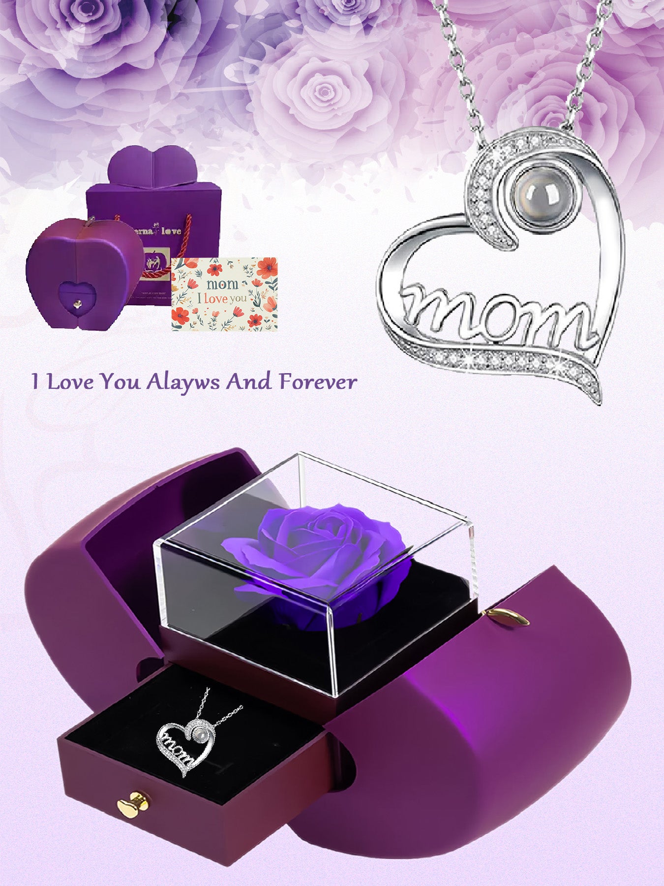 Love projection necklace in one hundred languages with apple rose gift box, women's mother necklace, Mother's Day gift, holiday gift for mother and grandmother, anniversary gift, gift for wife, Mother's Day gift for mother, birthday gift for women