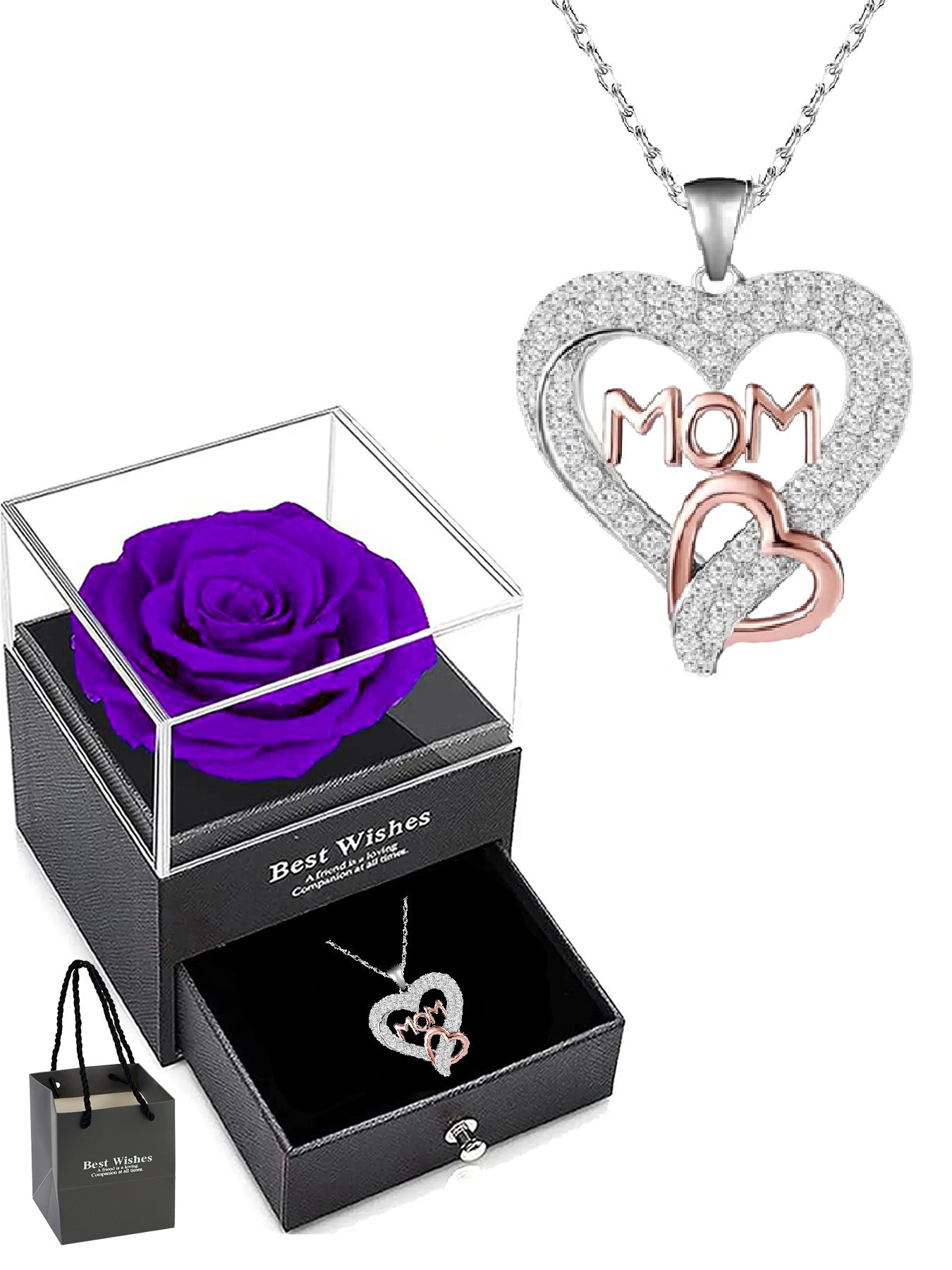 Romantic double heart necklace with rose gift box, holiday gift for mom, grandma, grandmother, holiday gift for family on Mother's Day, daily holiday gift, Christmas, Thanksgiving, Valentine's Day, anniversary gift, women's necklace, women's jewelry gift,