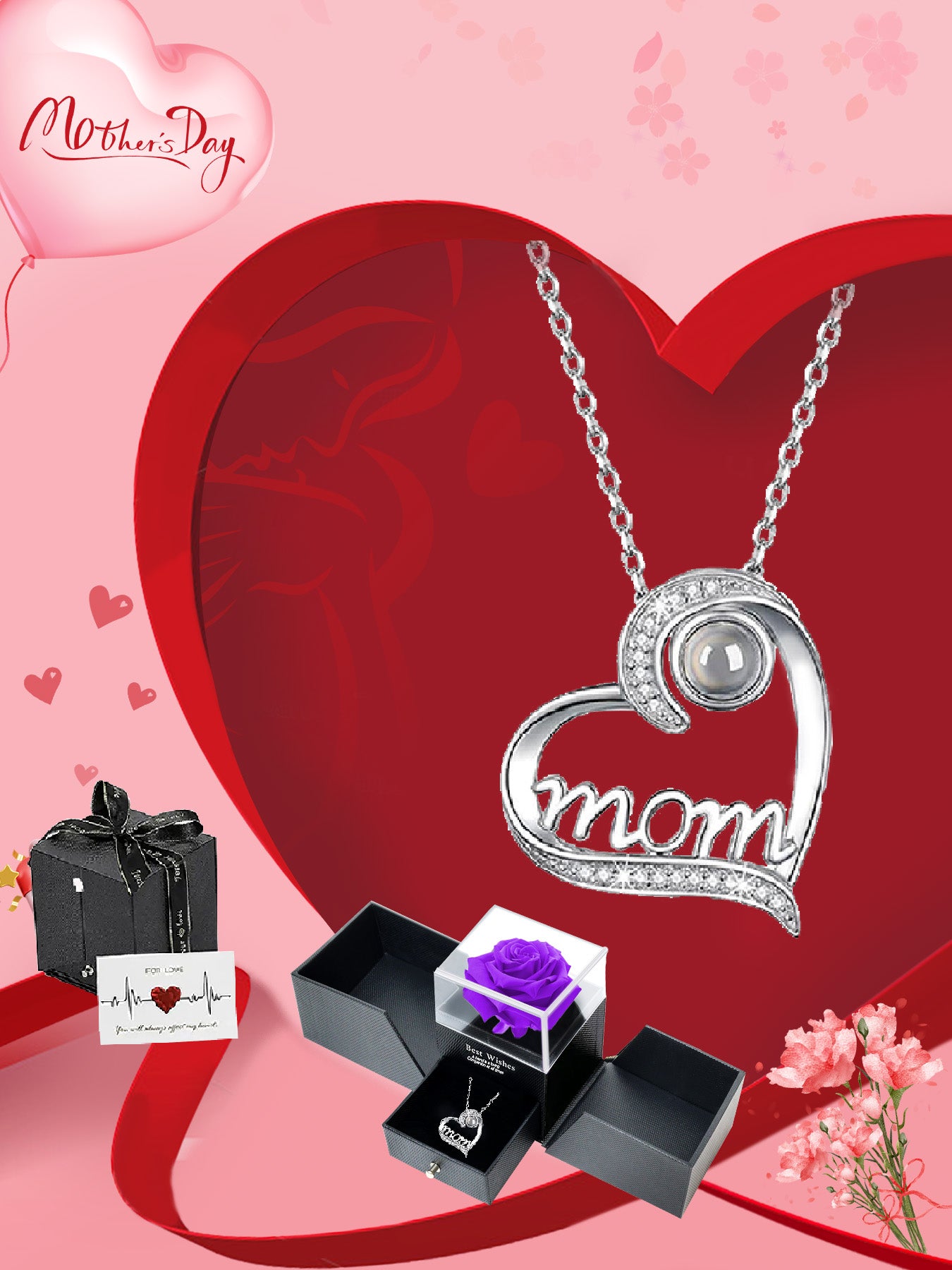 Heart-shaped projection necklace in one hundred languages with double-door exquisite rose gift box, women's mother necklace, Mother's Day gift, holiday gift for mother and grandmother, anniversary gift, gift for wife, Mother's Day gift for mother, birth