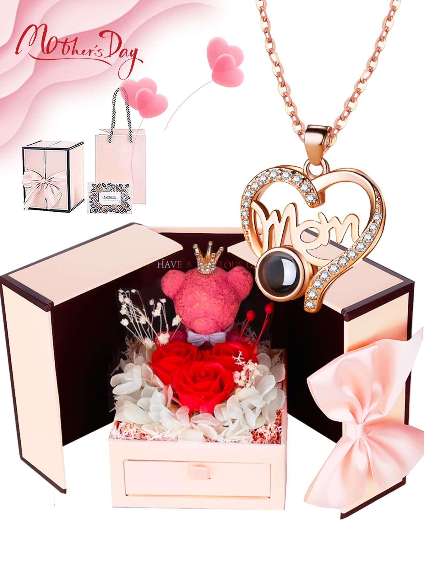 Mother's Day Gift Rose Bear Gift Box Set Gifts for Mom from Son and Daughter 100 I Love You Projection Necklace Mom Necklace Love Pendant Christmas Gift Mother's Day Valentine's Day