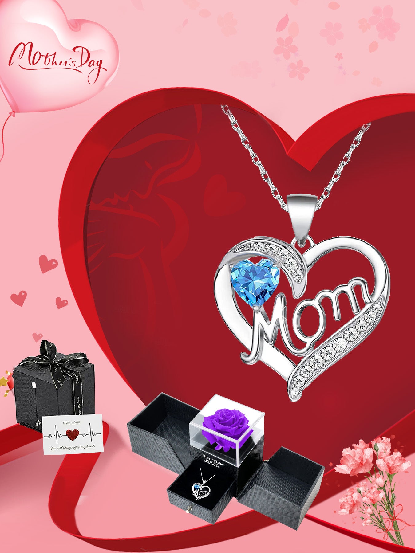 Double Heart Love Simple Pendant Necklace Double Door Rose Gift Box, Women's Mother's Necklace, Women's Rose Gift Box Necklace, Mother's Day Gift, Holiday Gift for Mom and Grandma, Gift for Wife, Mother's Day Gift for Mom, Jewelry Birthday Gift for Women,