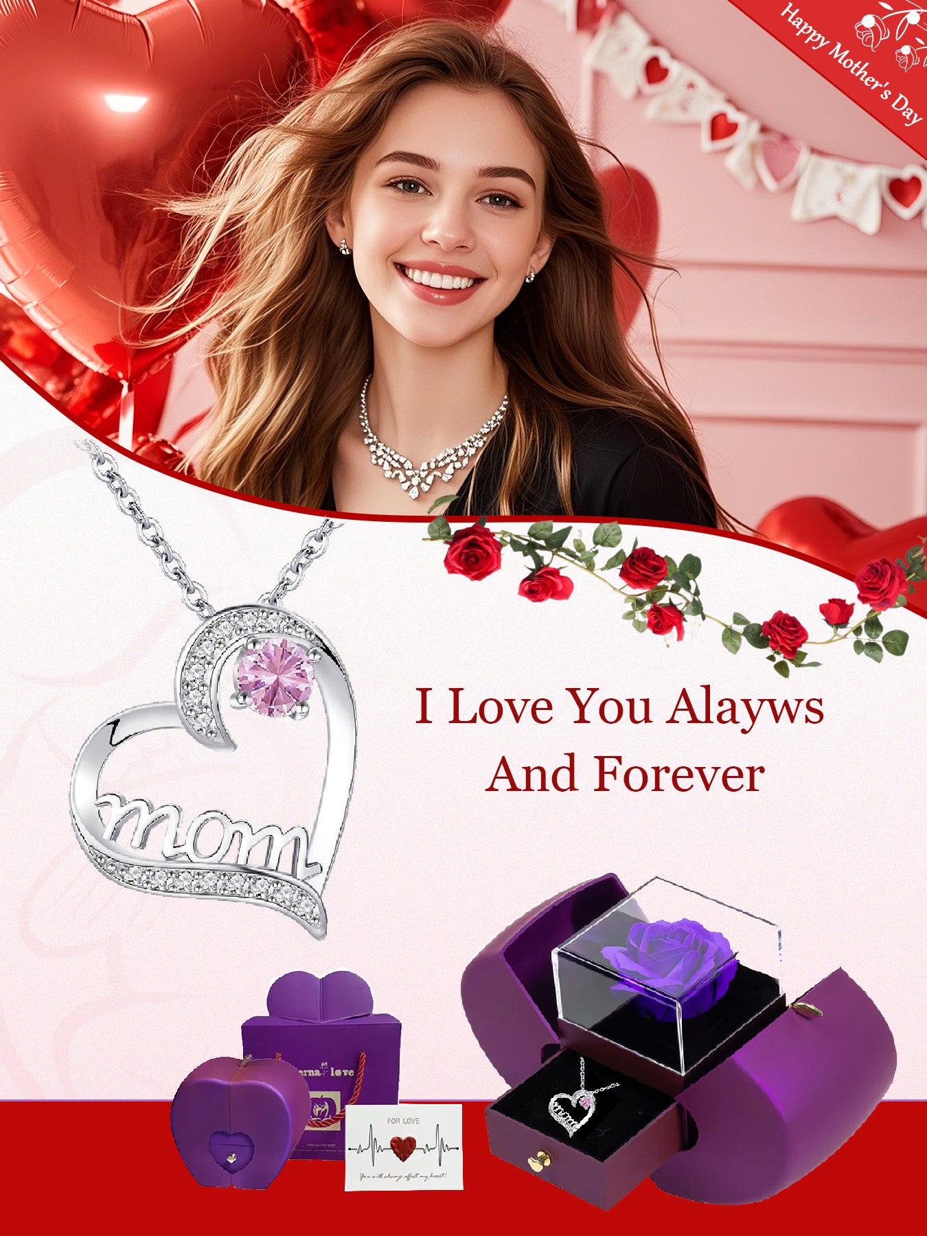 Heart-shaped women's pendant necklace with rose apple gift box, Mother's Day gift for mom, wedding anniversary gift for wife, romantic women's holiday gift, anniversary gift for mom and grandma, female holiday gift