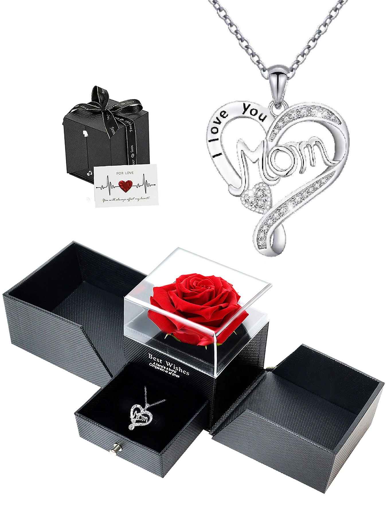 Mom style double heart necklace with eternal rose gift box, women's pendant necklace, women's jewelry gifts, mother's day women's necklace, anniversary gifts for mom and grandma, mother's day gifts, party fashion jewelry, mom women's necklace, anniversary