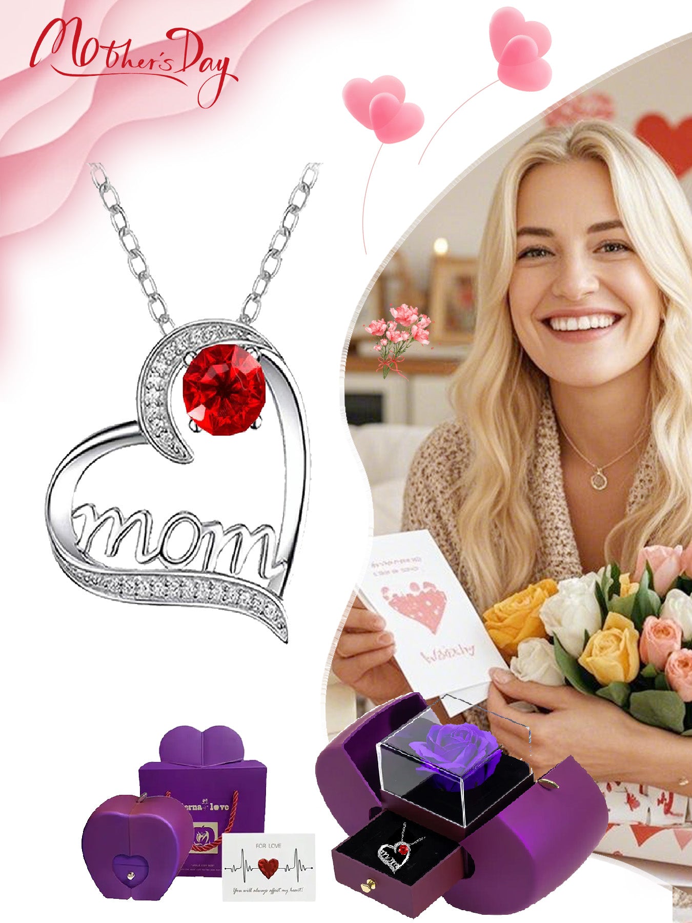Heart-shaped women's pendant necklace with rose apple gift box, Mother's Day gift for mom, wedding anniversary gift for wife, romantic women's holiday gift, anniversary gift for mom and grandma, female holiday gift