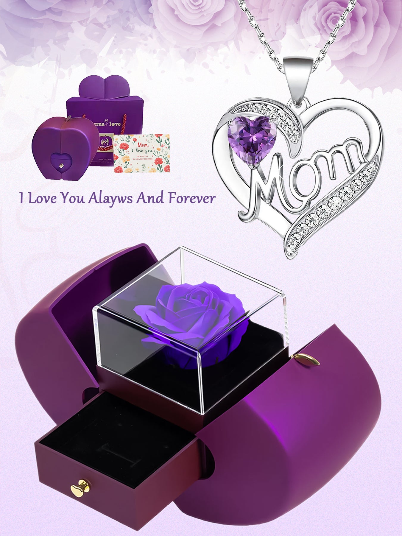 Fashionable design double heart love pendant necklace with apple rose gift box, women's mother necklace, women's rose gift box necklace, Mother's Day gift, holiday gift for mother and grandmother, gift for wife, Mother's Day gift for mother, jewelry birth