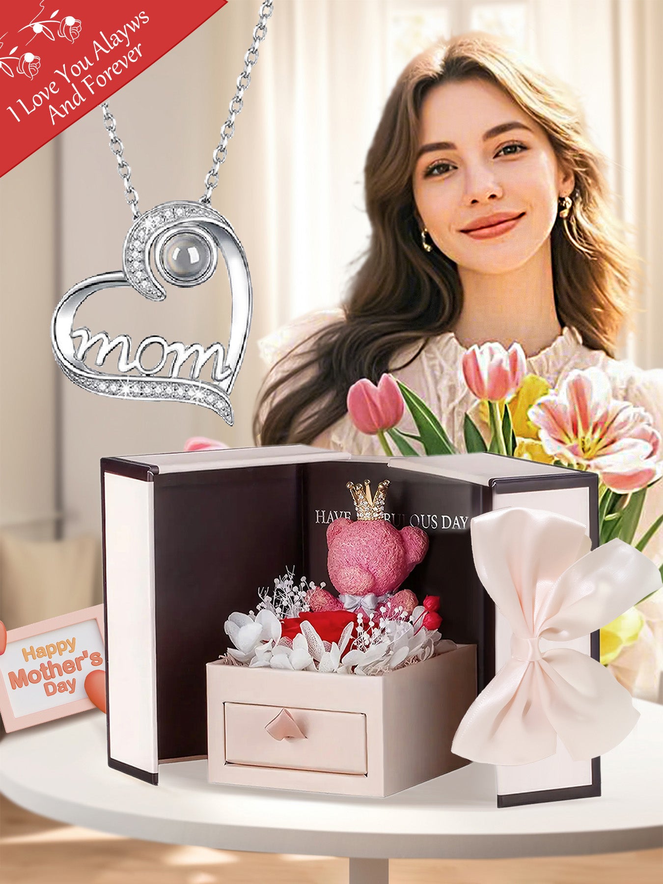 Love projection necklace in one hundred languages with bear rose gift box, women's mother mother and daughter necklace, Mother's Day gift, holiday gift for mother and grandmother, anniversary gift, gift for wife, Mother's Day gift for mother, birthday g