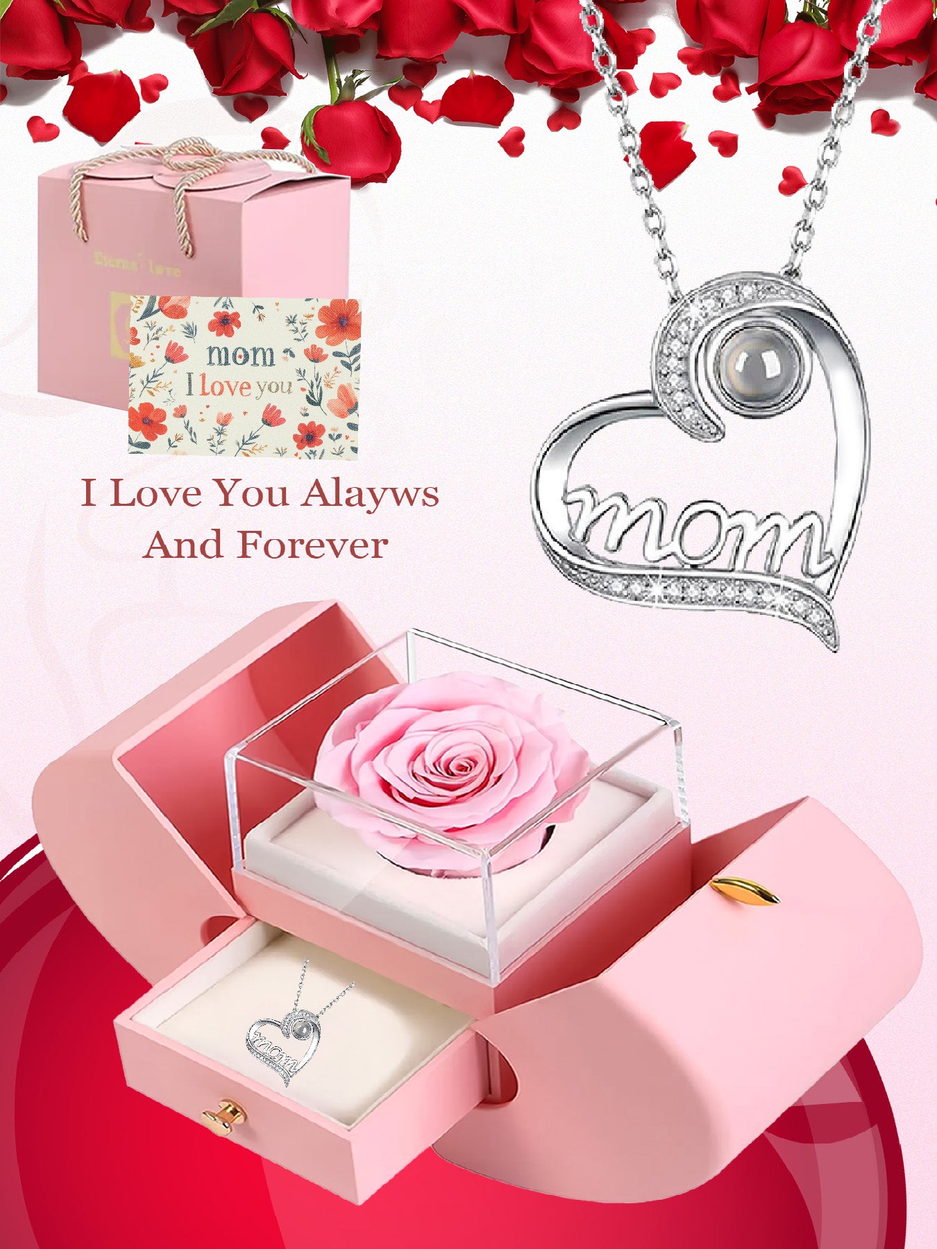 Love projection necklace in one hundred languages with apple rose gift box, women's mother necklace, Mother's Day gift, holiday gift for mother and grandmother, anniversary gift, gift for wife, Mother's Day gift for mother, birthday gift for women