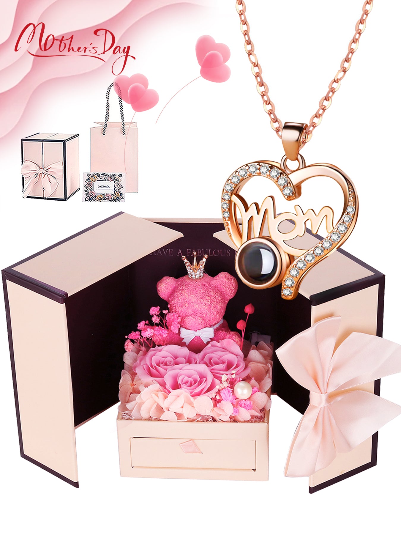 Mother's Day Gift Rose Bear Gift Box Set Gifts for Mom from Son and Daughter 100 I Love You Projection Necklace Mom Necklace Love Pendant Christmas Gift Mother's Day Valentine's Day