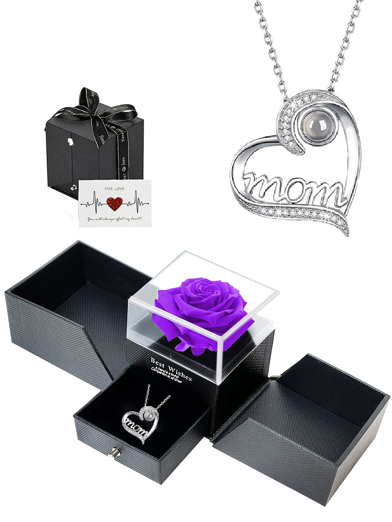 Heart-shaped projection necklace in one hundred languages with double-door exquisite rose gift box, women's mother necklace, Mother's Day gift, holiday gift for mother and grandmother, anniversary gift, gift for wife, Mother's Day gift for mother, birth