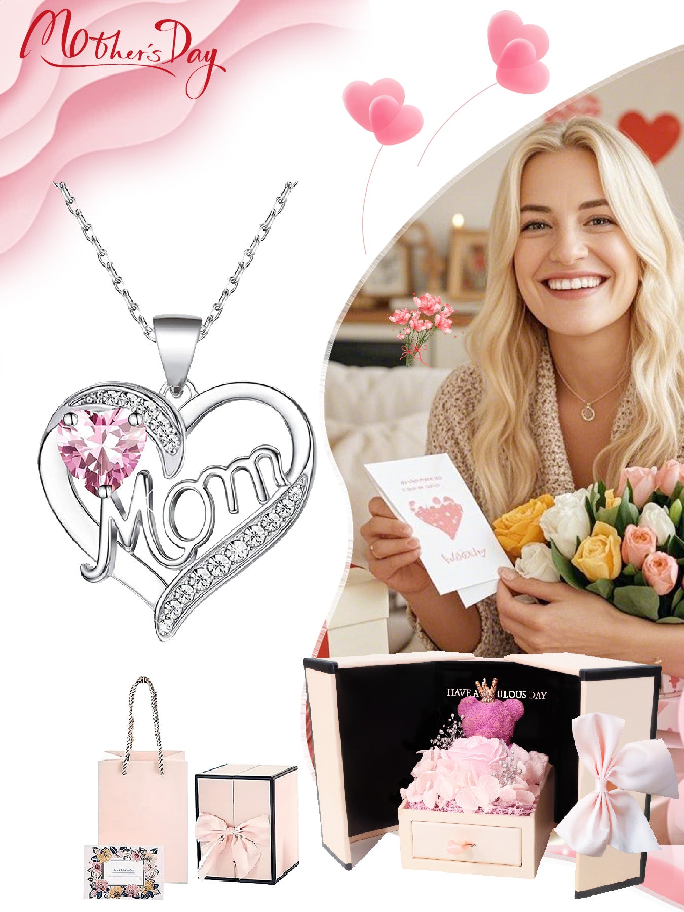 Unique double heart love pendant necklace with bear rose gift box, women's mother necklace, women's rose gift box necklace, Mother's Day gift, holiday gift for mother and grandmother, gift for wife, Mother's Day gift for mother, jewelry birthday gift for