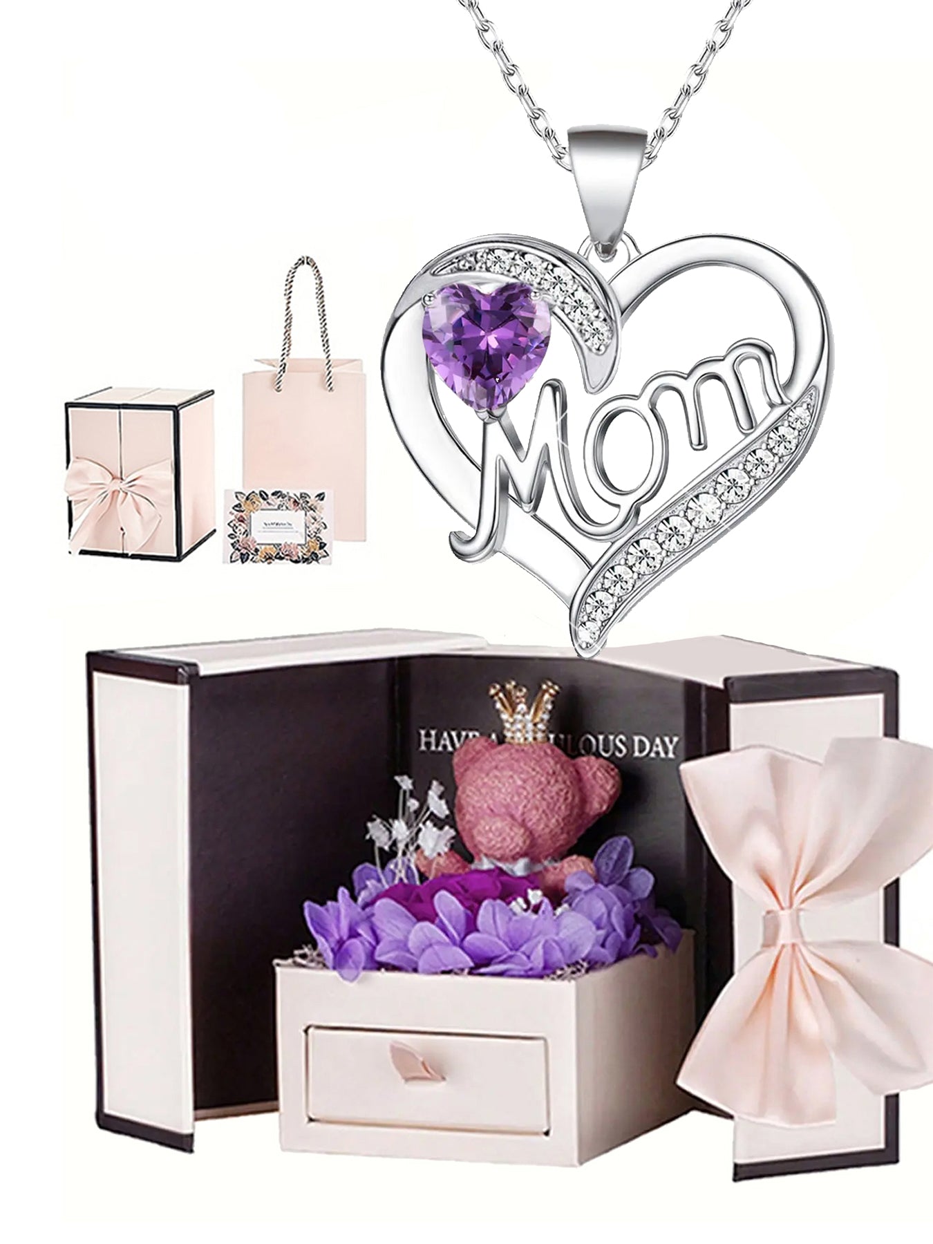 Unique double heart love pendant necklace with bear rose gift box, women's mother necklace, women's rose gift box necklace, Mother's Day gift, holiday gift for mother and grandmother, gift for wife, Mother's Day gift for mother, jewelry birthday gift for