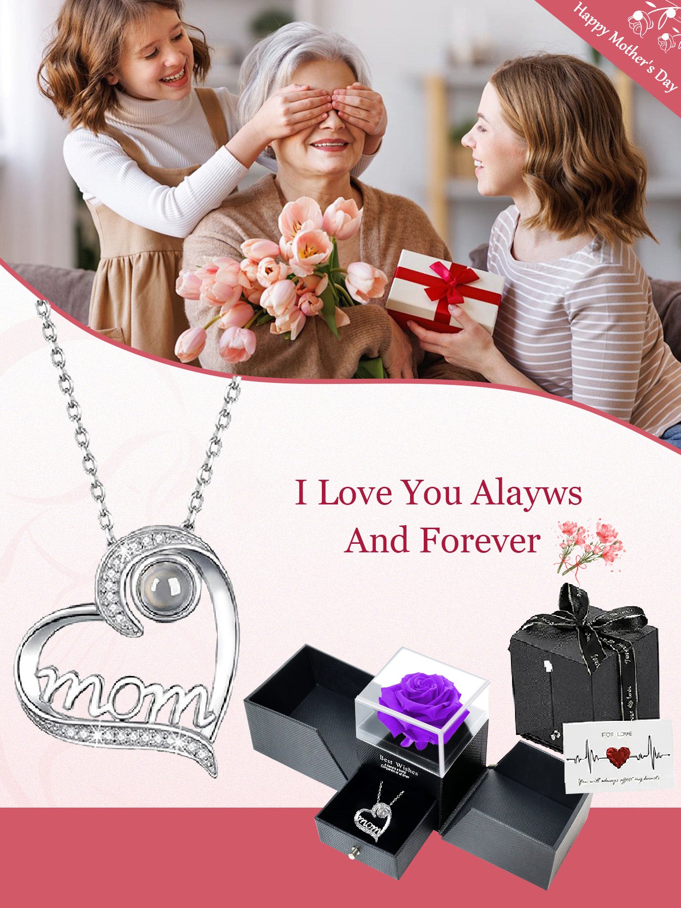 Heart-shaped projection necklace in one hundred languages with double-door exquisite rose gift box, women's mother necklace, Mother's Day gift, holiday gift for mother and grandmother, anniversary gift, gift for wife, Mother's Day gift for mother, birth