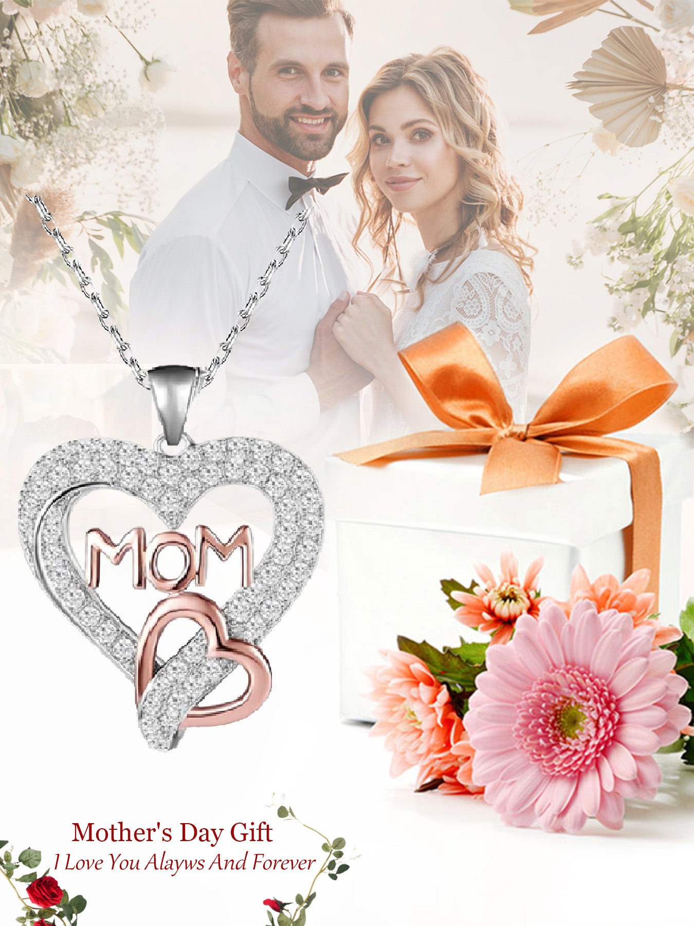 Design double heart necklace with apple rose gift box, holiday gift for mom, grandma, grandmother, holiday gift for family on Mother's Day, daily holiday gift, Christmas, Thanksgiving, Valentine's Day, anniversary gift, women's necklace, women's jewelry g