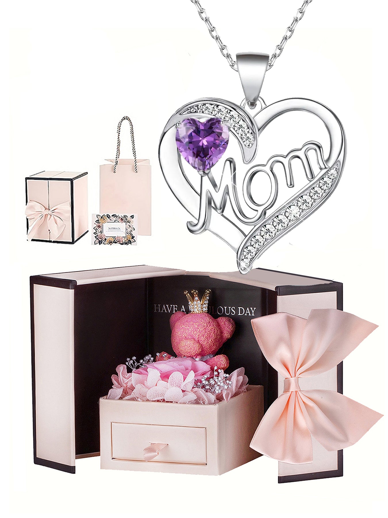 Unique double heart love pendant necklace with bear rose gift box, women's mother necklace, women's rose gift box necklace, Mother's Day gift, holiday gift for mother and grandmother, gift for wife, Mother's Day gift for mother, jewelry birthday gift for