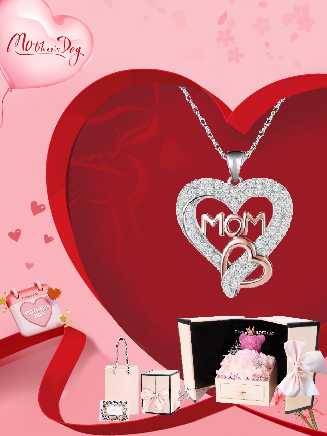 Design double heart necklace with rose bear gift box, holiday gift for mom, grandma, grandmother, holiday gift for family on Mother's Day, daily holiday gift, Christmas, Thanksgiving, Valentine's Day, anniversary gift, women's necklace, women's jewelry gi
