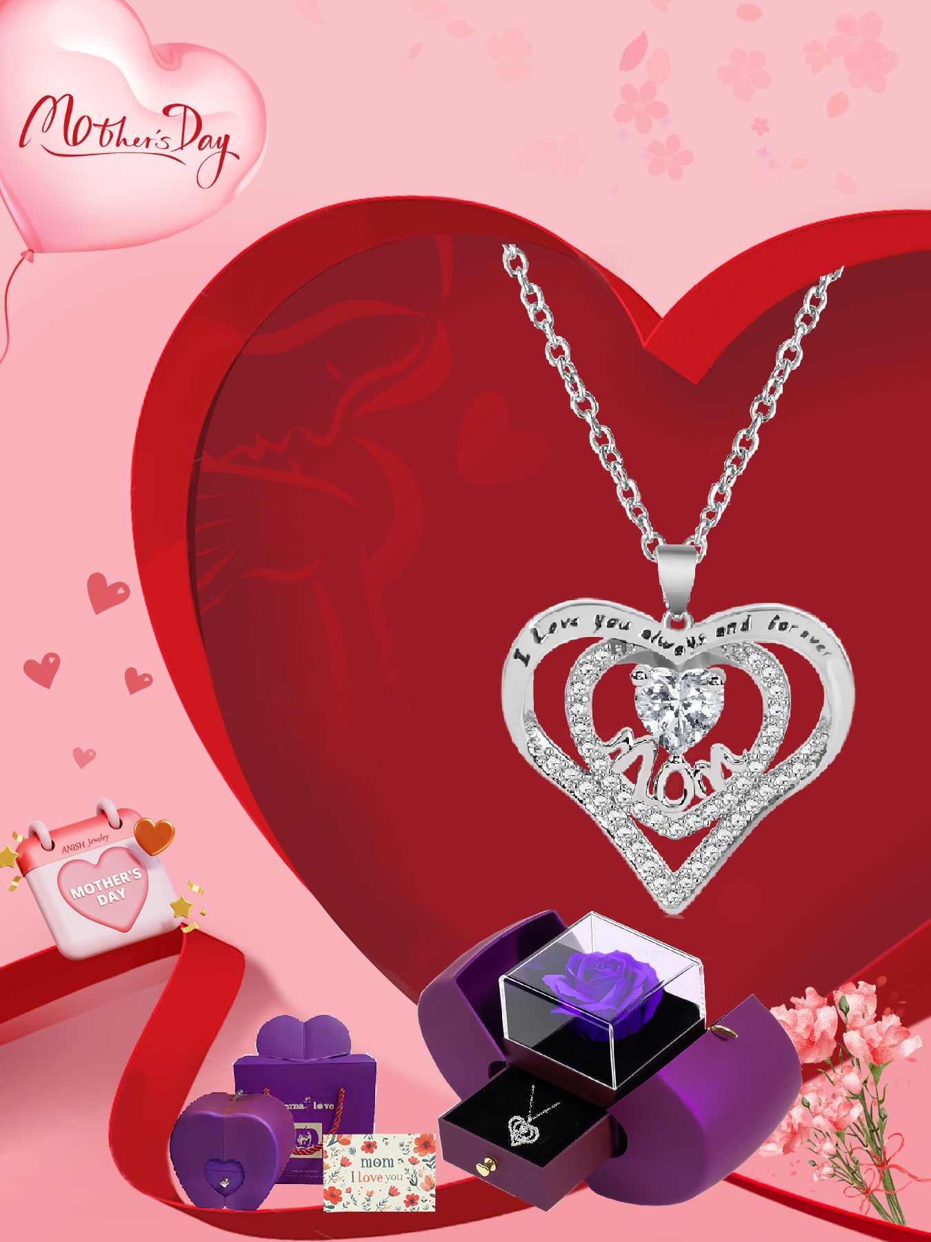 Romantic heart-shaped necklace mom design, anniversary gift for mom and grandma, Mother's Day gift, party fashion jewelry, mom women's necklace, gift for girlfriend, mother and wife, anniversary gift, women's mother necklace, women's jewelry gift