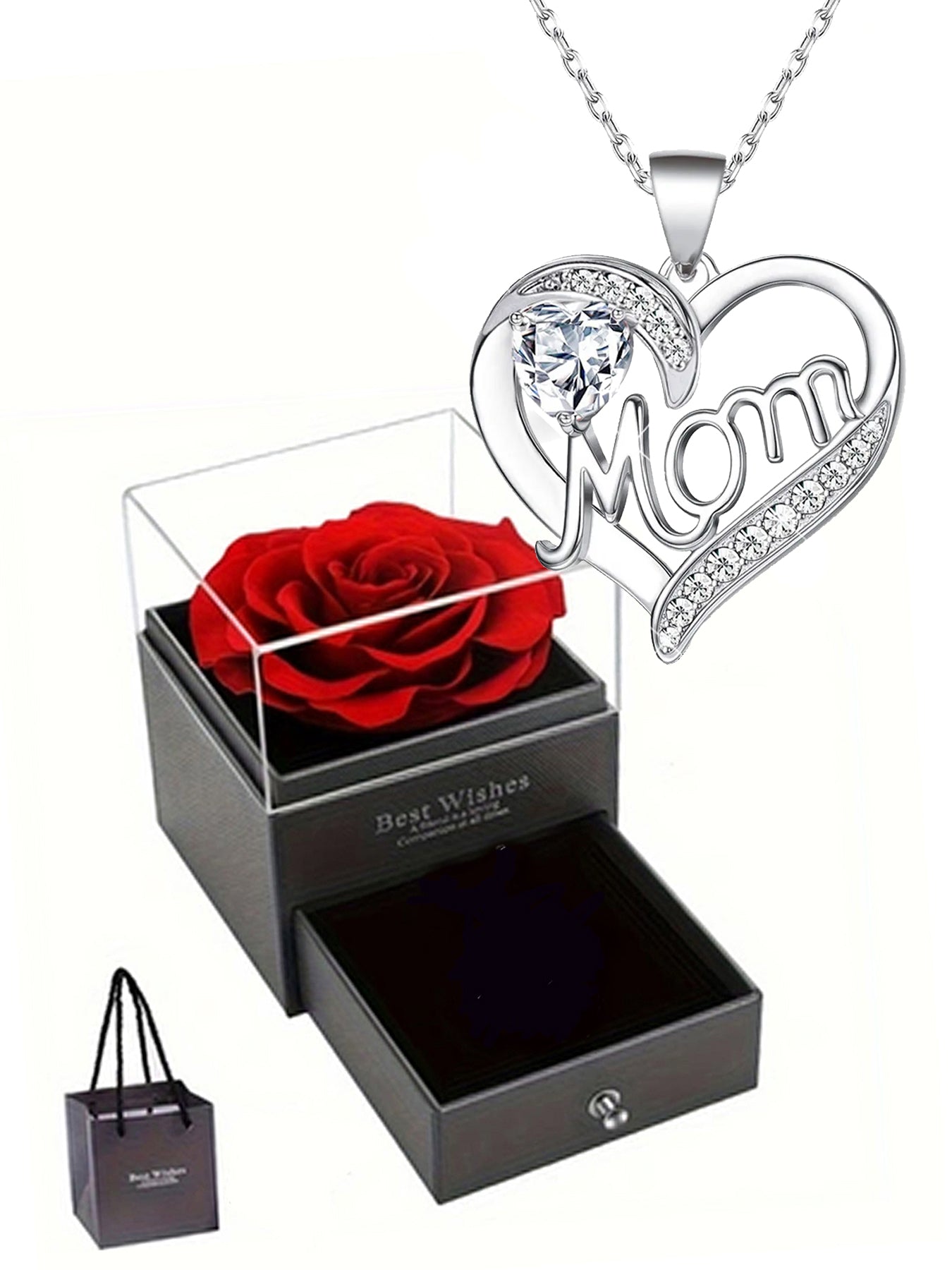 Double heart love design pendant necklace, women's mother necklace, women's rose gift box necklace, Mother's Day gift, holiday gift for mother, grandmother, anniversary gift, gift for wife, Mother's Day gift for mother, jewelry birthday gift for women