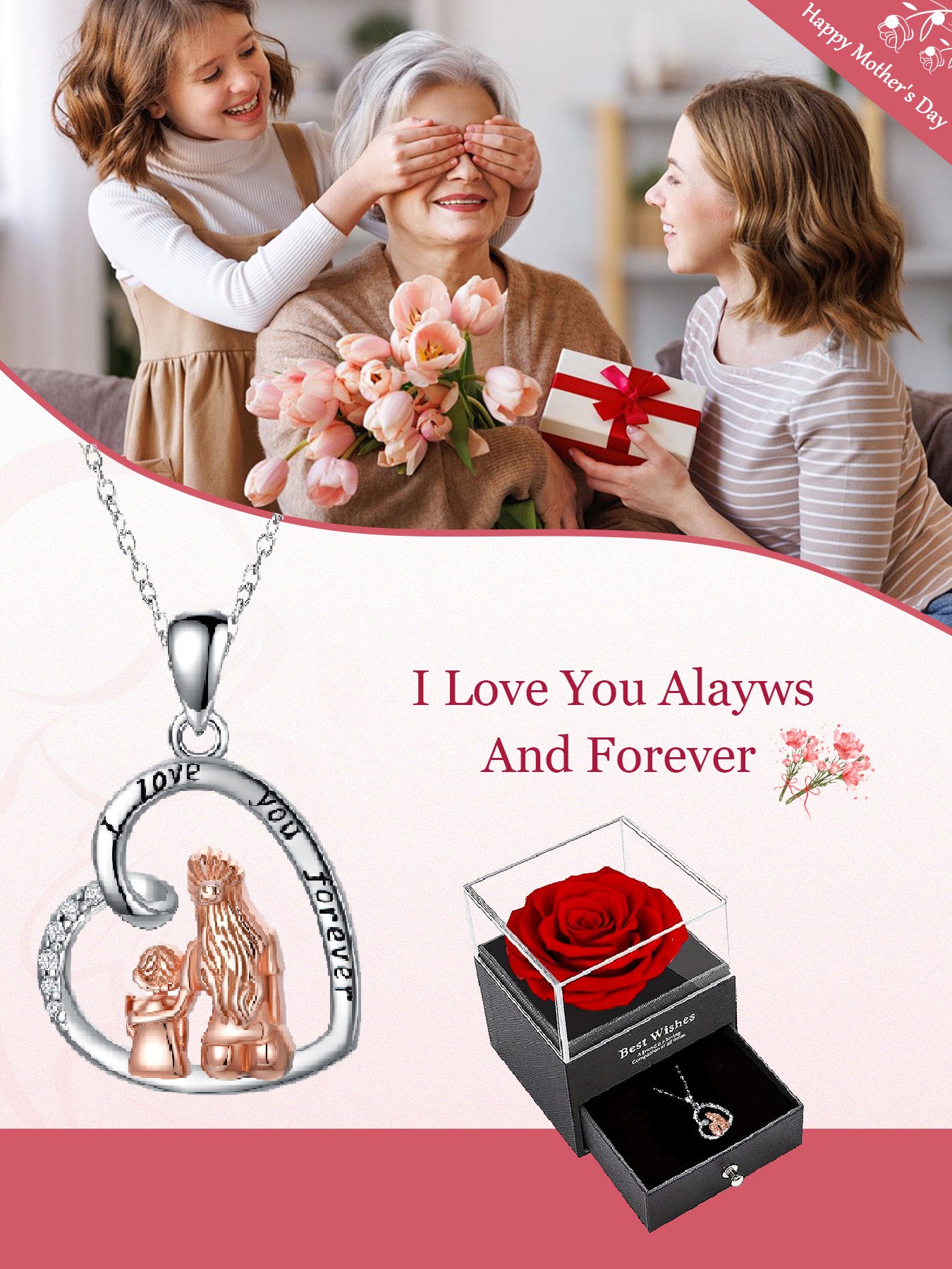 Beautiful design heart necklace with rose gift box, women's charm necklace, women's necklace for mother's day, anniversary gift for mom grandma, mother's day gift, party fashion jewelry, women's necklace for mom, anniversary gift, women's mom necklace, wo