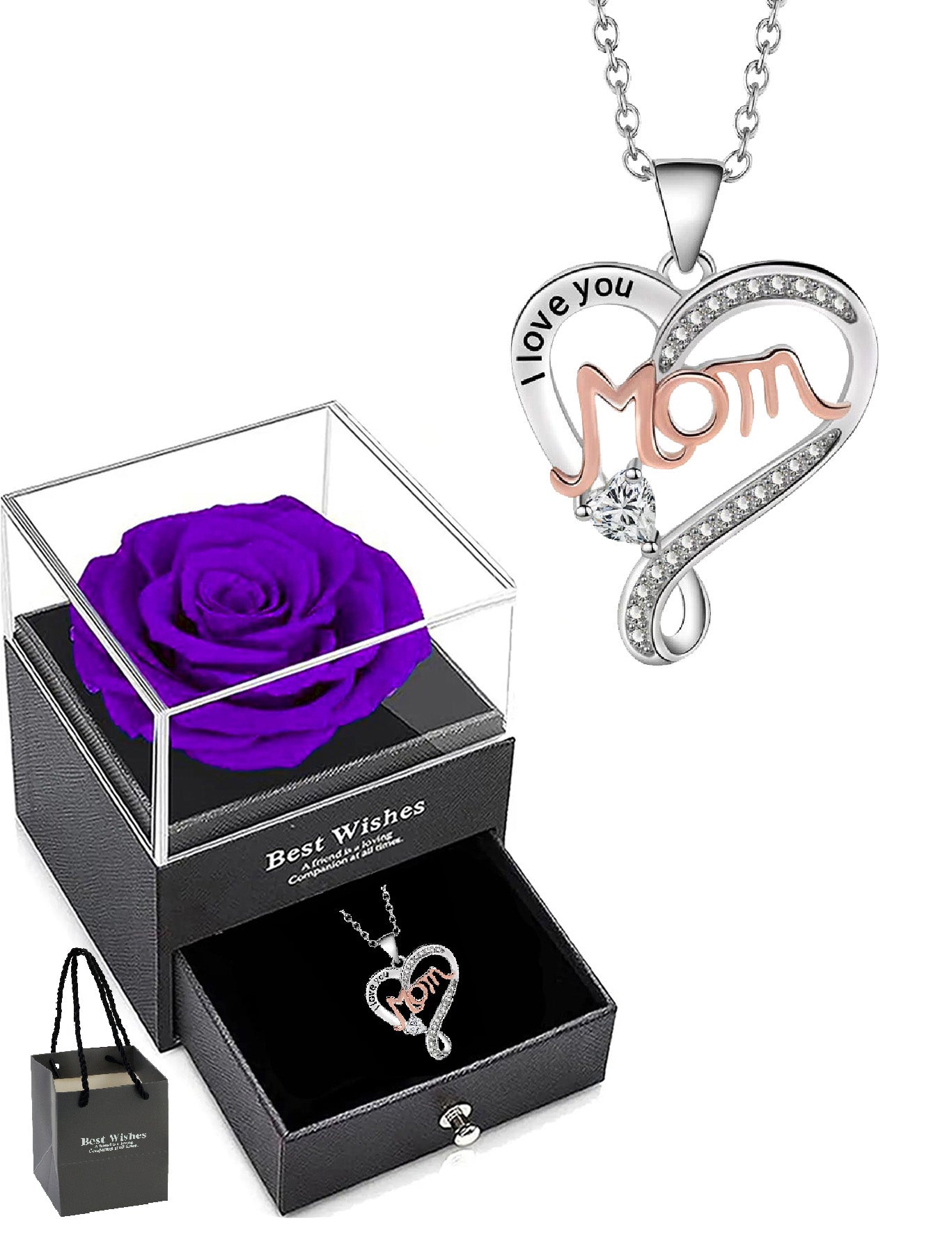 Double heart necklace mom style with eternal rose gift box, women's pendant necklace, women's jewelry gift, mother's day women's necklace, anniversary gift for mom and grandma, mother's day gift, party fashion jewelry, mom women's necklace, anniversary gi