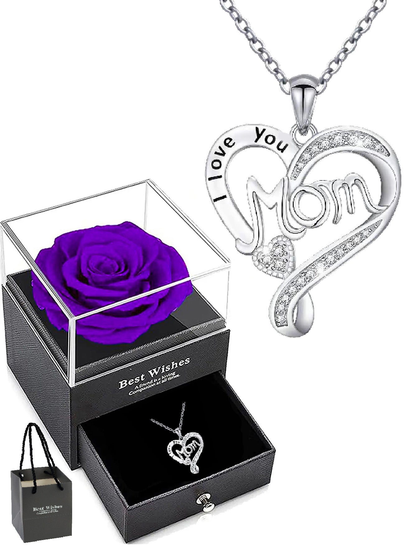 Double heart necklace mom style with eternal rose gift box, women's pendant necklace, women's jewelry gift, mother's day women's necklace, anniversary gift for mom and grandma, mother's day gift, party fashion jewelry, mom women's necklace, anniversary gi