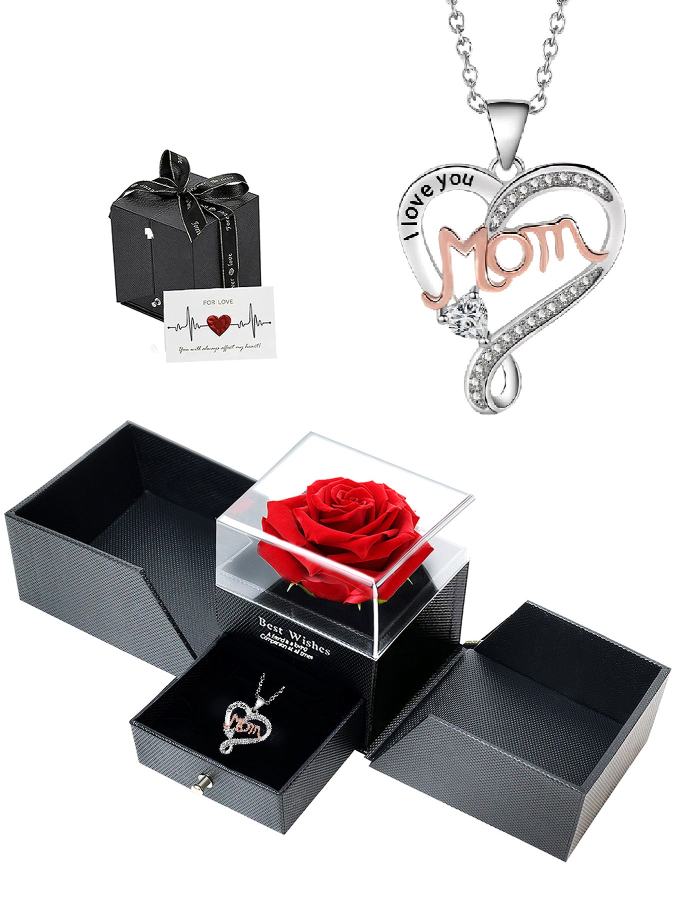 Mom style double heart necklace with eternal rose gift box, women's pendant necklace, women's jewelry gifts, mother's day women's necklace, anniversary gifts for mom and grandma, mother's day gifts, party fashion jewelry, mom women's necklace, anniversary