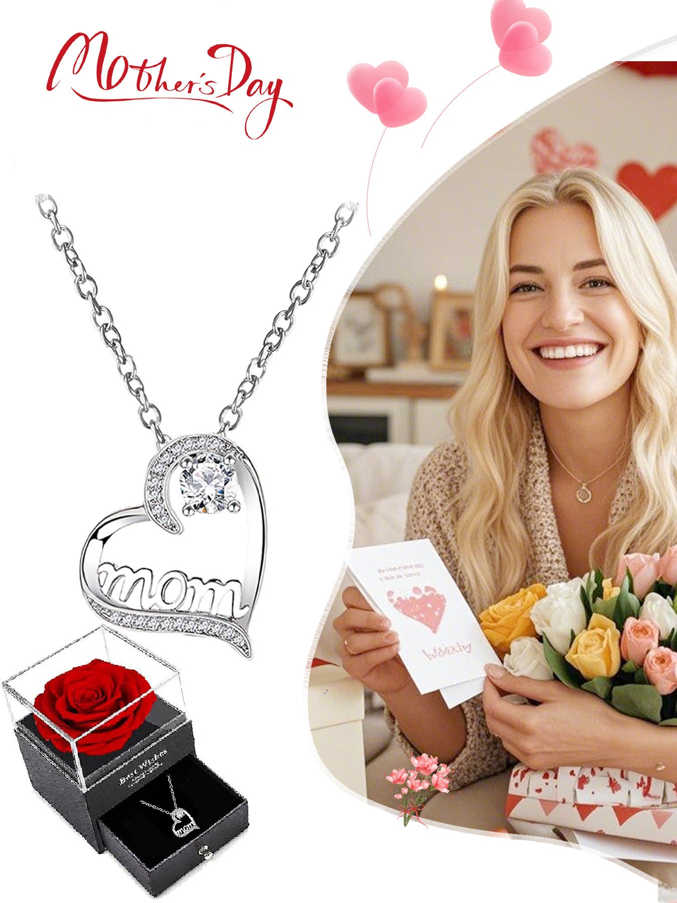 Mom love necklace with exquisite rose gift box, women's mother necklace, Mother's Day gift, holiday gift for mother and grandmother, anniversary gift, gift for wife, Mother's Day gift for mother, birthday holiday gift for women