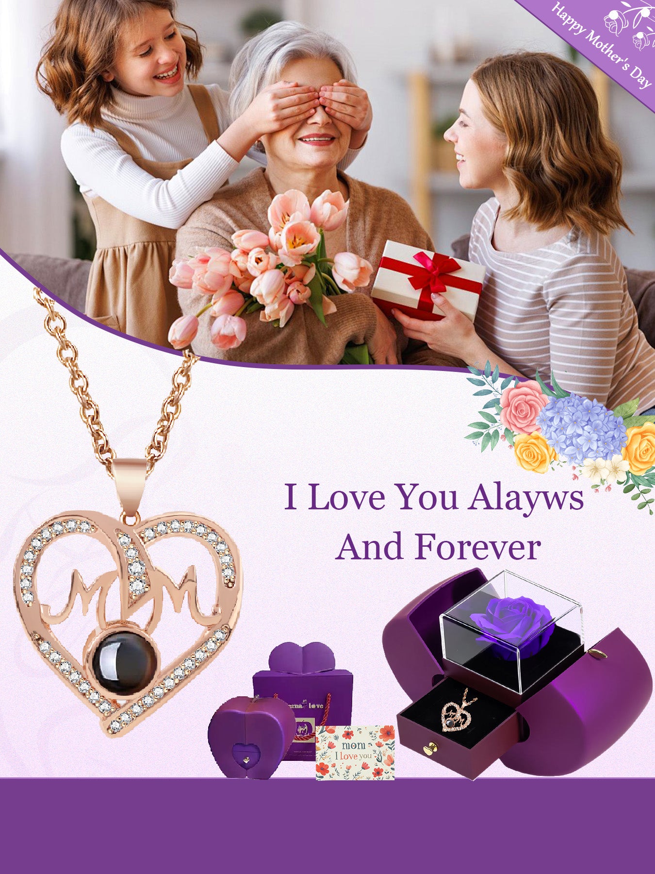Love unique mom style projection necklace with one hundred languages matched with apple rose gift box, anniversary gift for mom and grandma, Mother's Day gift, daily holiday gift, gift for mom and wife, women's jewelry gift, Valentine's Day Christmas
