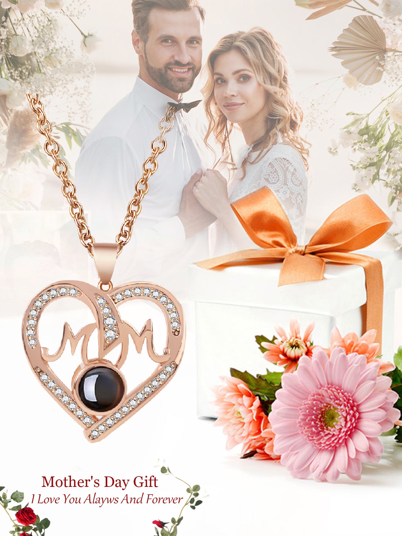 Love unique mom style projection necklace with one hundred languages matched with apple rose gift box, anniversary gift for mom and grandma, Mother's Day gift, daily holiday gift, gift for mom and wife, women's jewelry gift, Valentine's Day Christmas