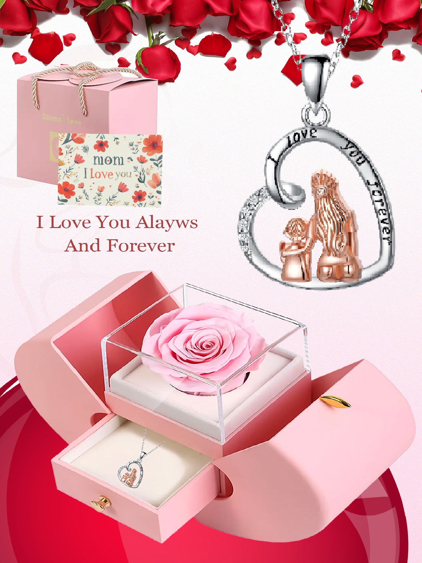 Unique love heart shaped necklace with romantic rose apple gift box, women's pendant necklace, women's jewelry gift, mother's day women's necklace, anniversary gift for mom and grandma, mother's day gift, party fashion jewelry, mother's necklace, annivers