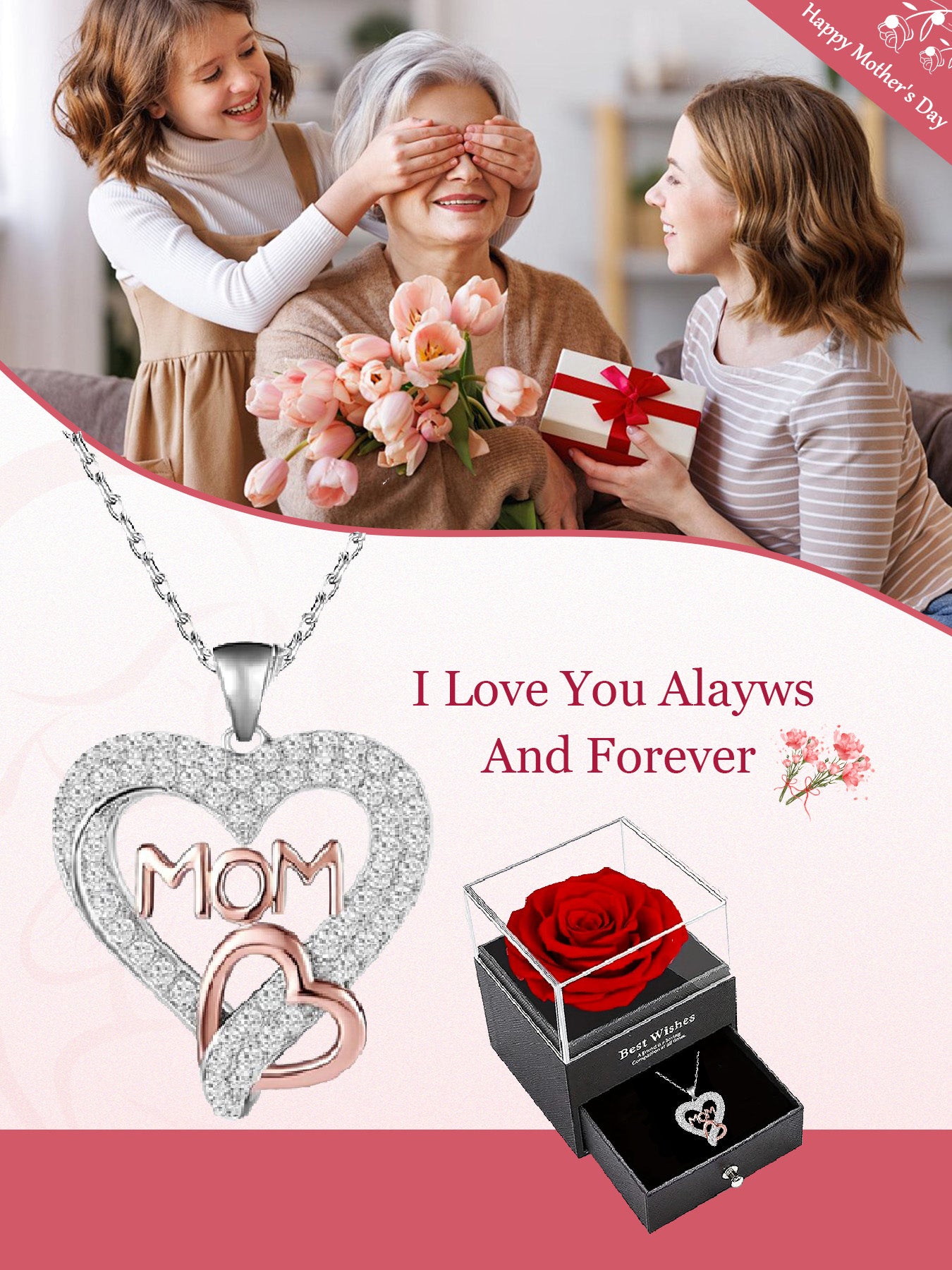 Romantic double heart necklace with rose gift box, holiday gift for mom, grandma, grandmother, holiday gift for family on Mother's Day, daily holiday gift, Christmas, Thanksgiving, Valentine's Day, anniversary gift, women's necklace, women's jewelry gift,