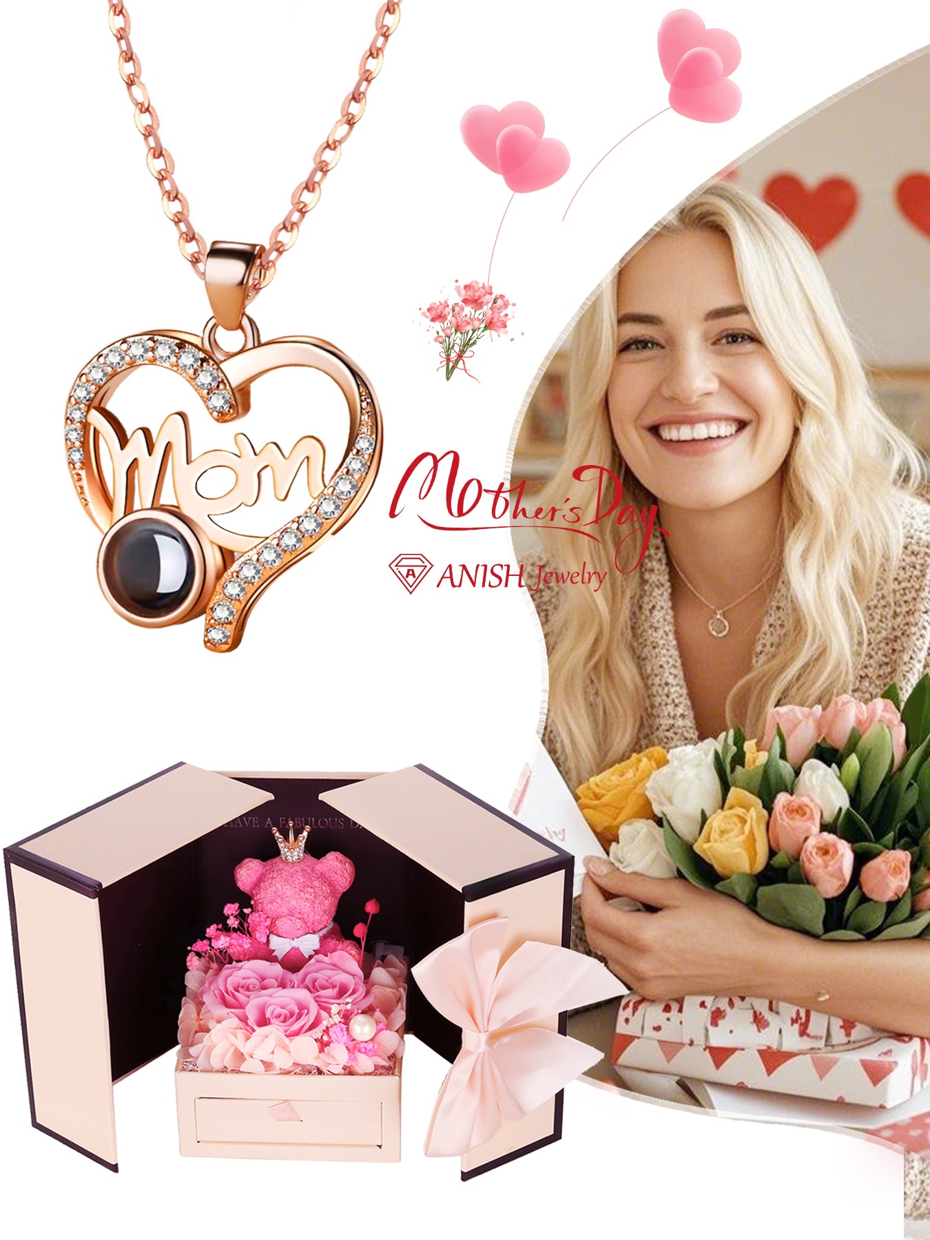 Mother's Day Gift Rose Bear Gift Box Set Gifts for Mom from Son and Daughter 100 I Love You Projection Necklace Mom Necklace Love Pendant Christmas Gift Mother's Day Valentine's Day