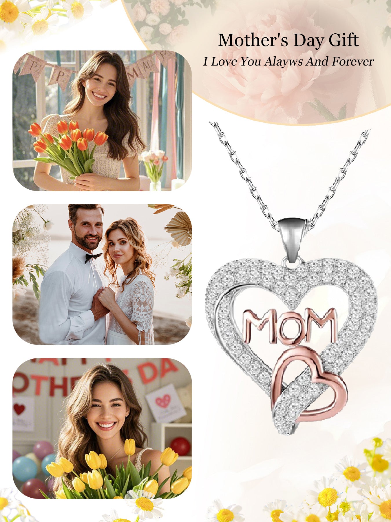 Design double heart necklace with rose bear gift box, holiday gift for mom, grandma, grandmother, holiday gift for family on Mother's Day, daily holiday gift, Christmas, Thanksgiving, Valentine's Day, anniversary gift, women's necklace, women's jewelry gi