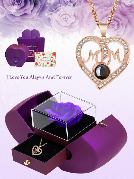 Love unique mom style projection necklace with one hundred languages matched with apple rose gift box, anniversary gift for mom and grandma, Mother's Day gift, daily holiday gift, gift for mom and wife, women's jewelry gift, Valentine's Day Christmas