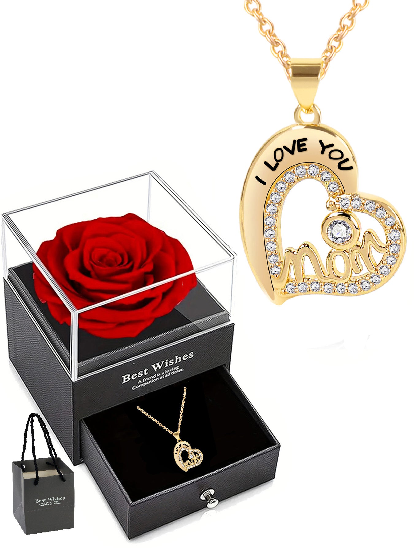 Unique love pendant necklace design with romantic rose gift box, mother's holiday gift, mother women's necklace, women's holiday gift, party fashion jewelry, Valentine's Day Thanksgiving anniversary gift, women's jewelry gift, gift for girlfriend mother w