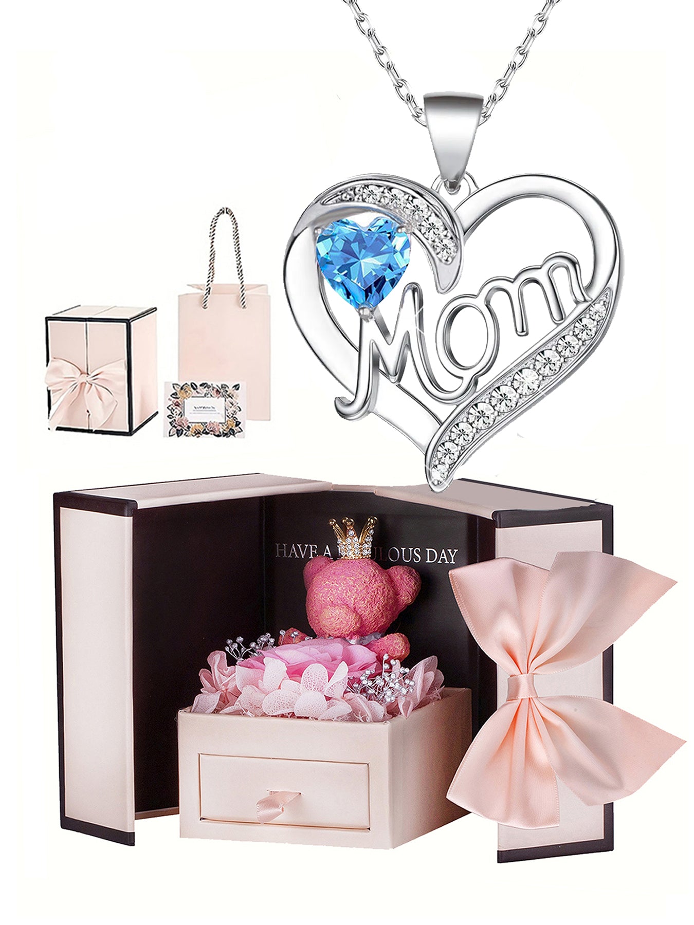 Unique double heart love pendant necklace with bear rose gift box, women's mother necklace, women's rose gift box necklace, Mother's Day gift, holiday gift for mother and grandmother, gift for wife, Mother's Day gift for mother, jewelry birthday gift for