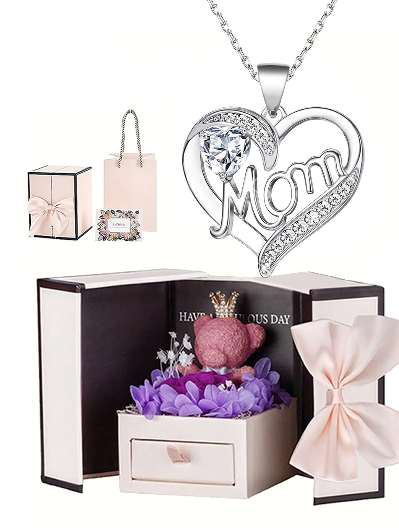 Unique double heart love pendant necklace with bear rose gift box, women's mother necklace, women's rose gift box necklace, Mother's Day gift, holiday gift for mother and grandmother, gift for wife, Mother's Day gift for mother, jewelry birthday gift for