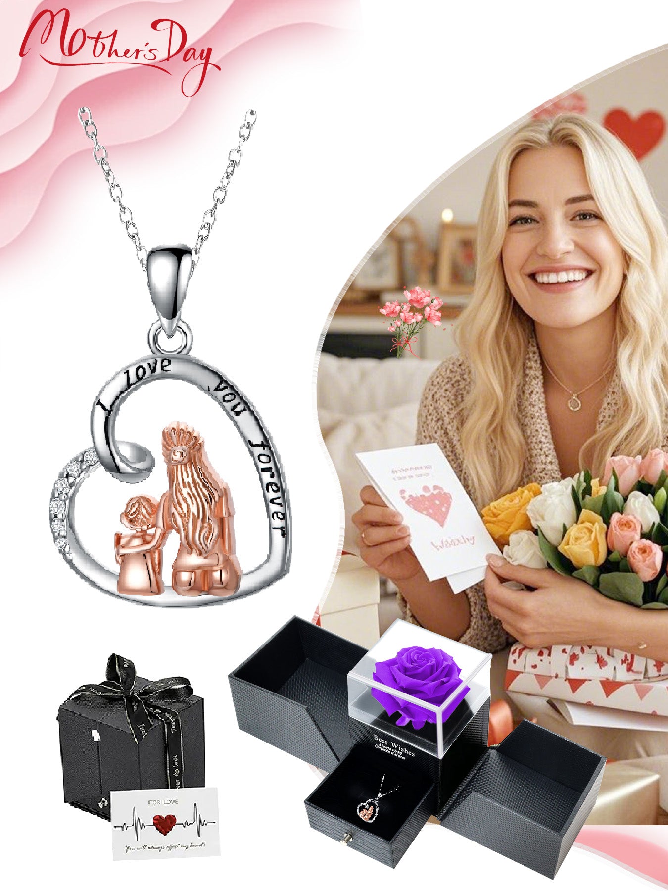 Personalized design heart-shaped necklace with double door rose gift box, women's pendant necklace, women's necklace for Mother's Day, anniversary gift for mom and grandma, Mother's Day gift, party fashion jewelry, mother's necklace, anniversary gift, wom