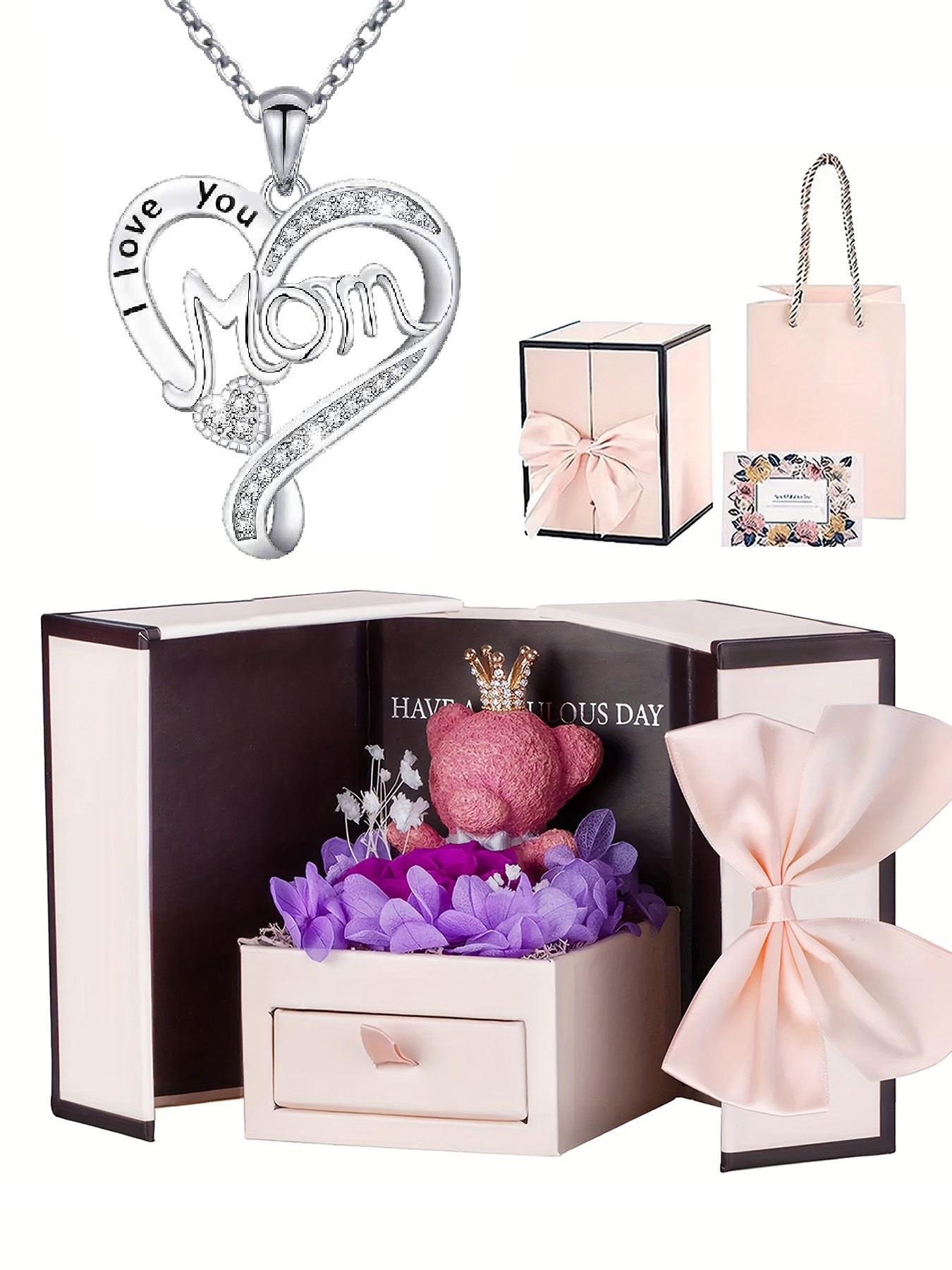 mom unique double heart necklace with romantic rose bear gift box, women's pendant necklace, women's jewelry gifts, mother's day women's necklace, anniversary gifts for mom and grandma, mother's day gifts, party fashion jewelry, mom women's necklace, anni